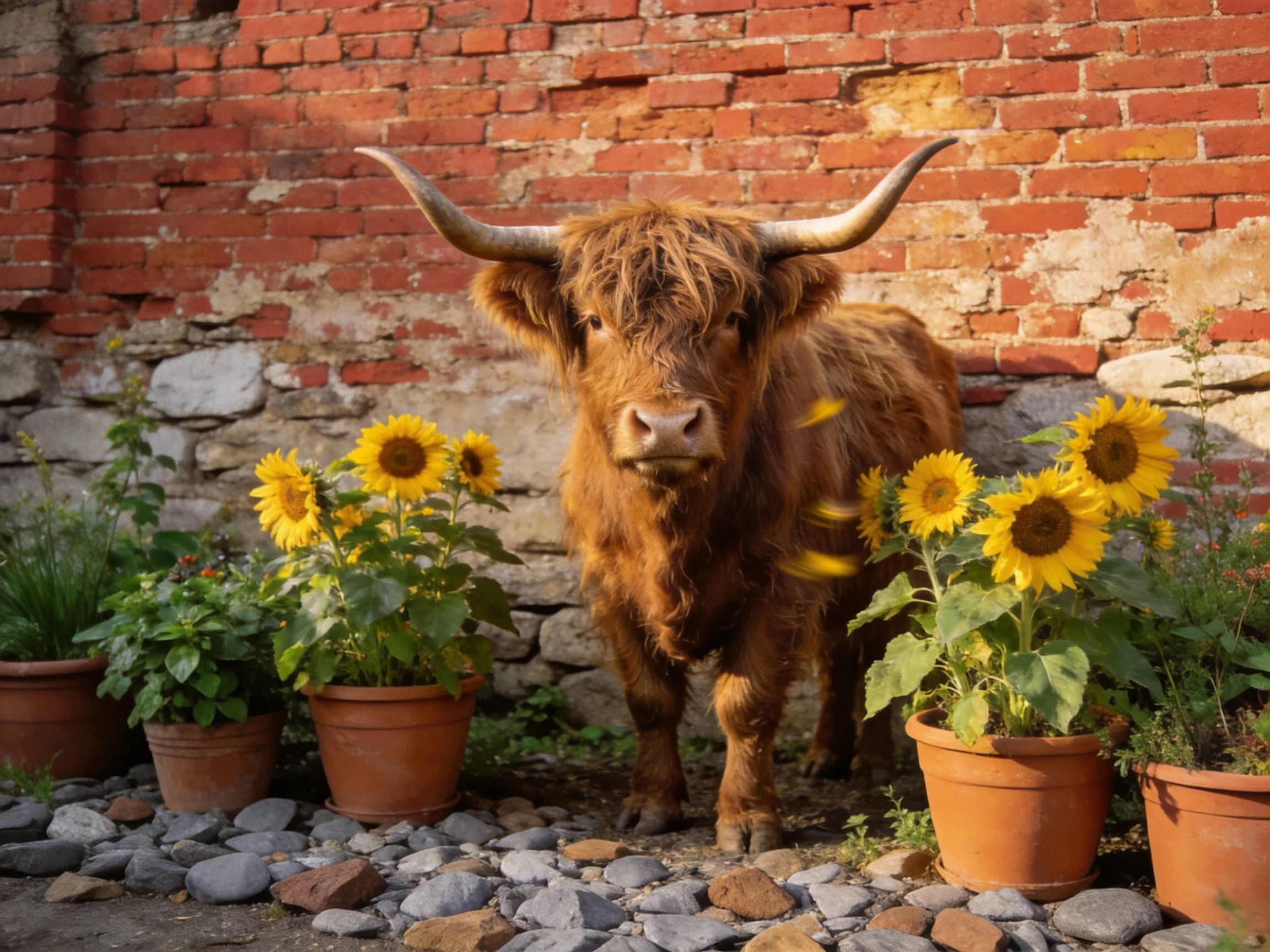A shaggy brown cow surrounded by sunflowers near a weathered brick wall