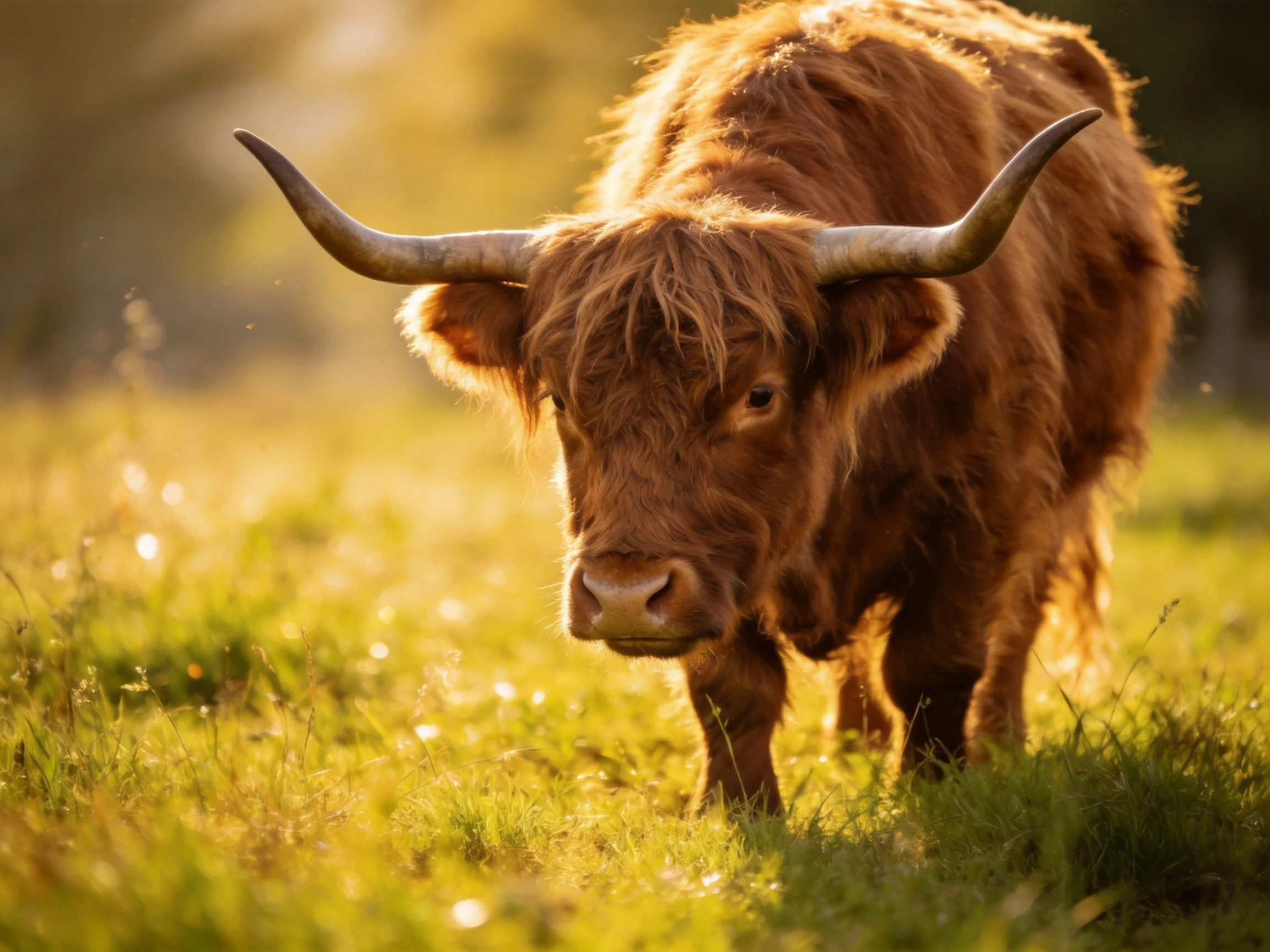 A shaggy brown cow with large curved horns roams a sunlit meadow