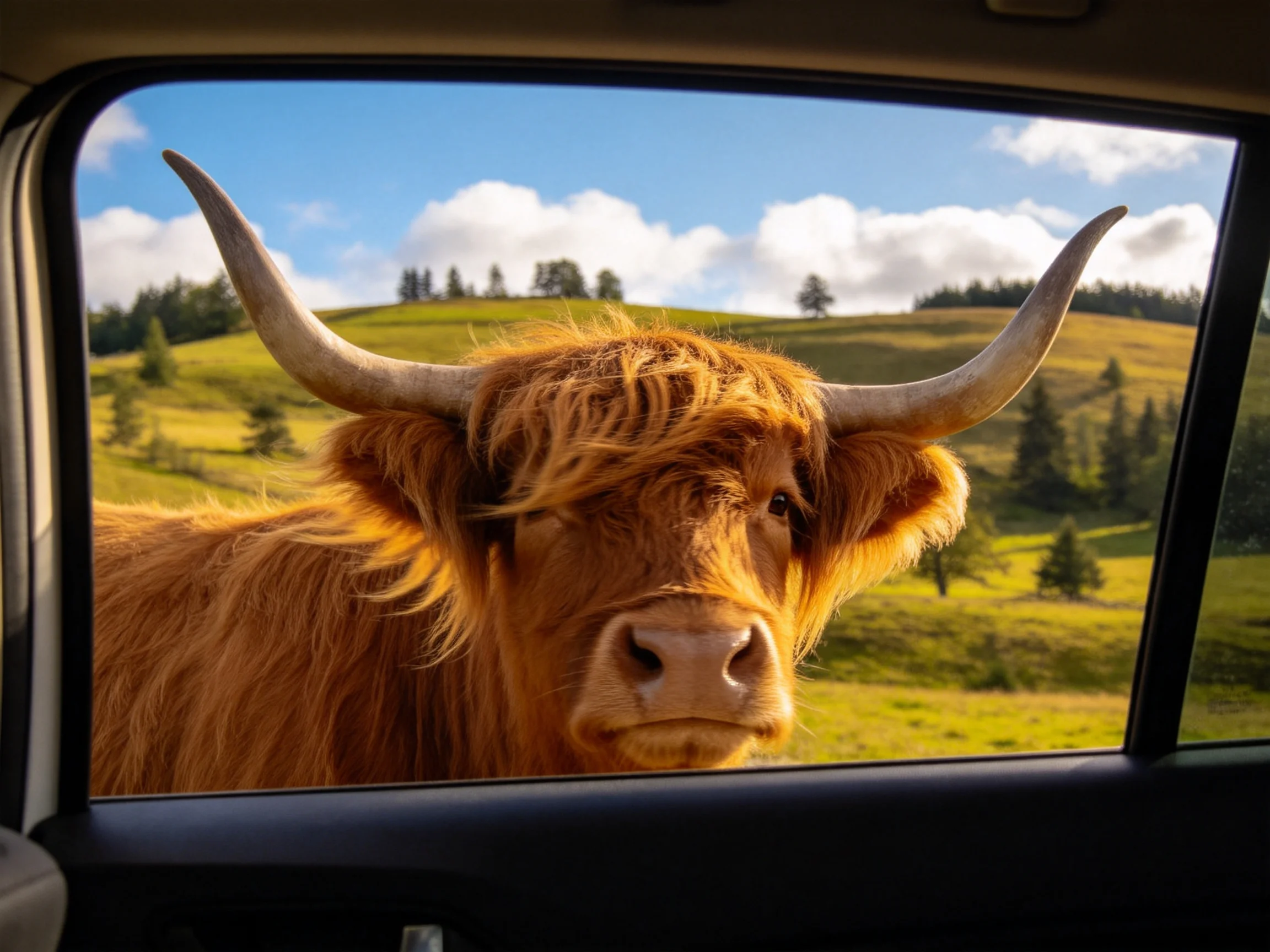 A shaggy brown cow with large horns peers into a car window over green hills