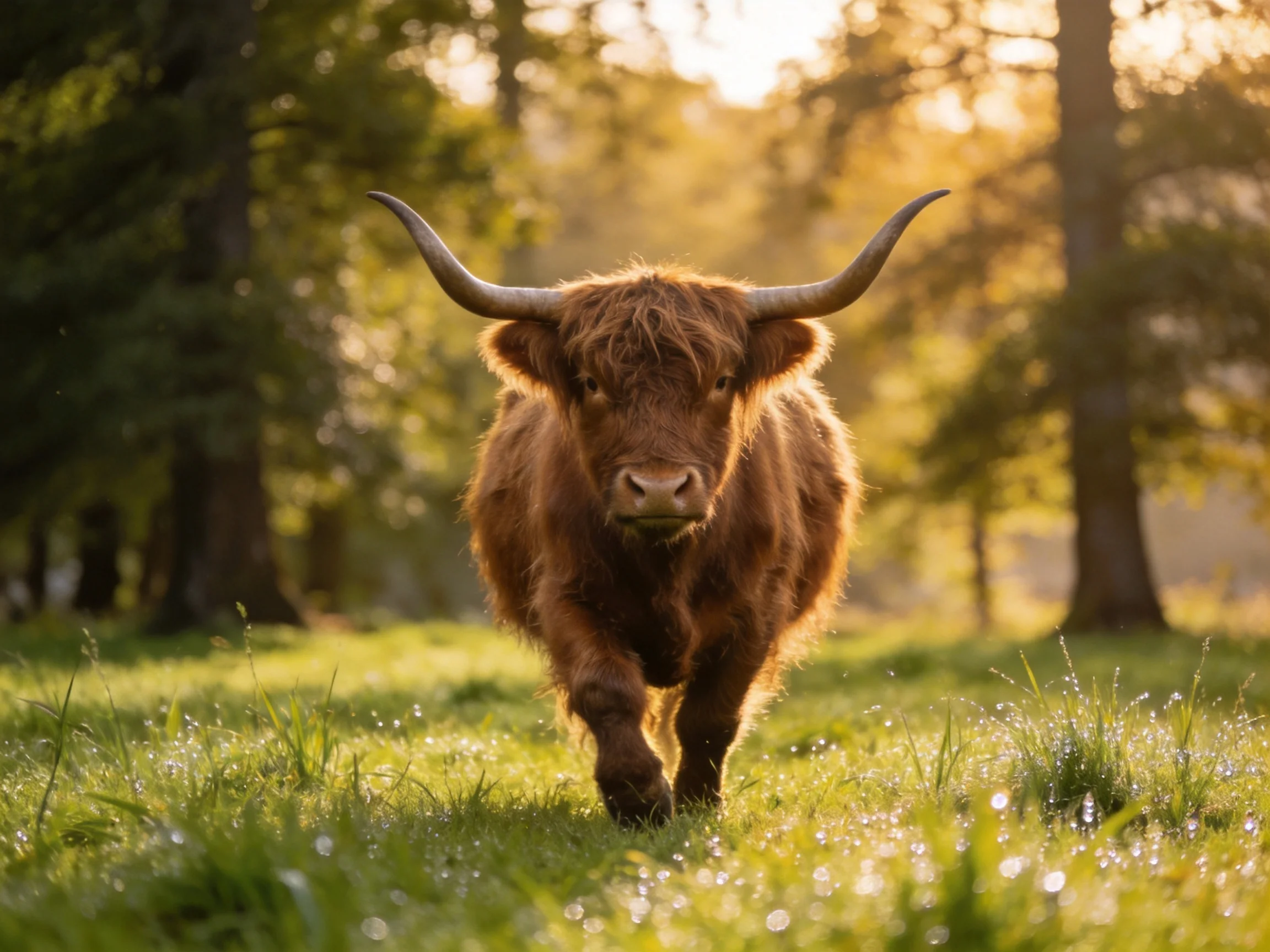 A shaggy brown cow with long curved horns roams dewy green meadows near tall trees