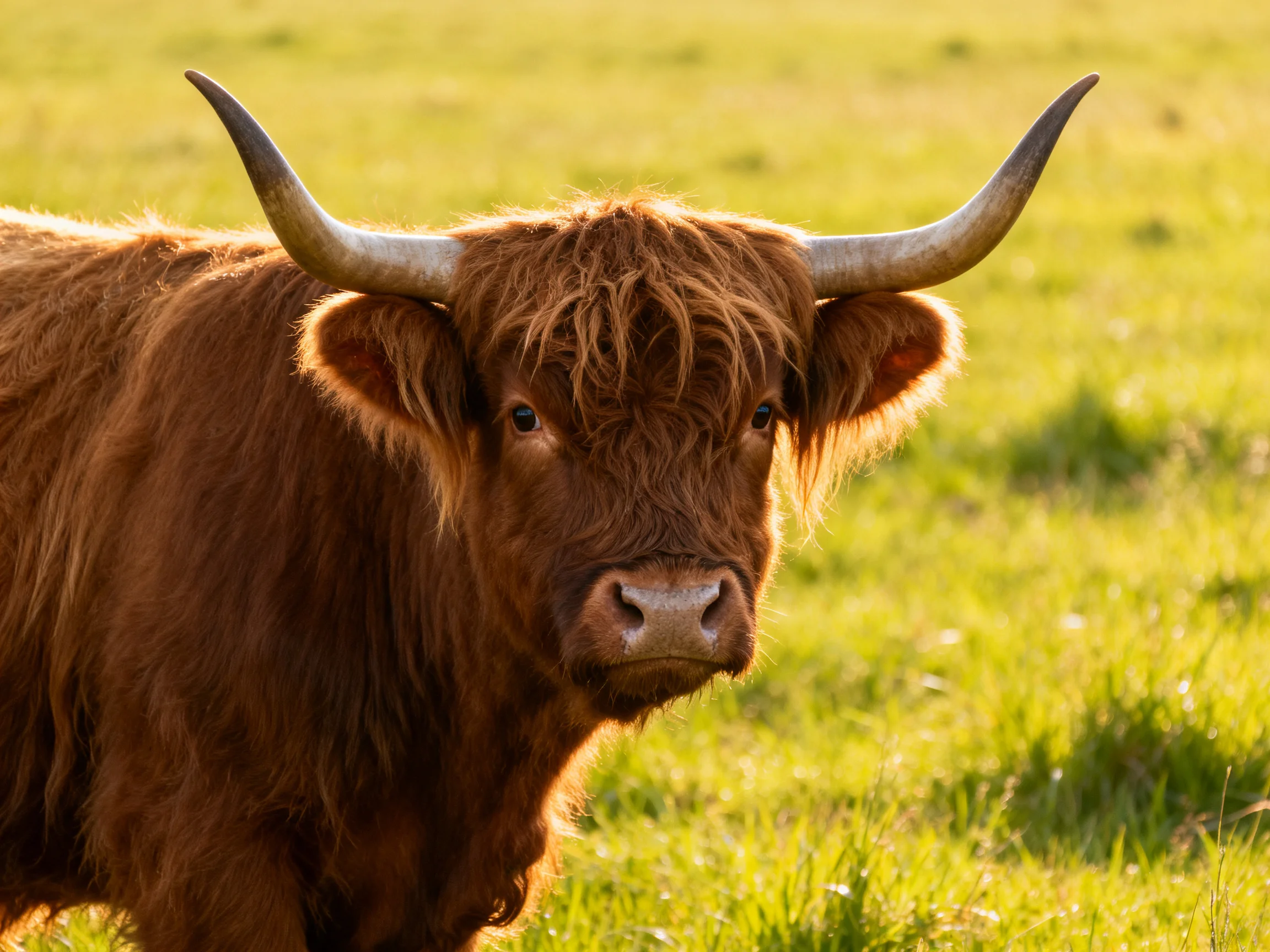 A shaggy brown cow with long curved horns stands in a sunlit green meadow