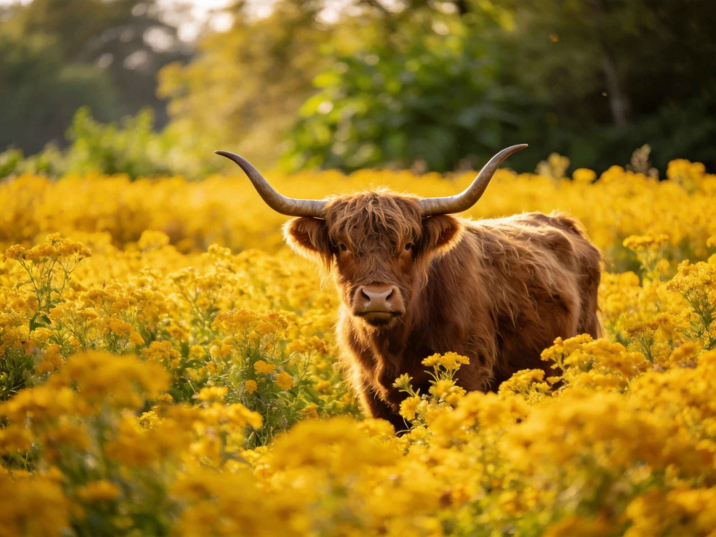 A shaggy brown cow with long horns in a field of yellow flowers