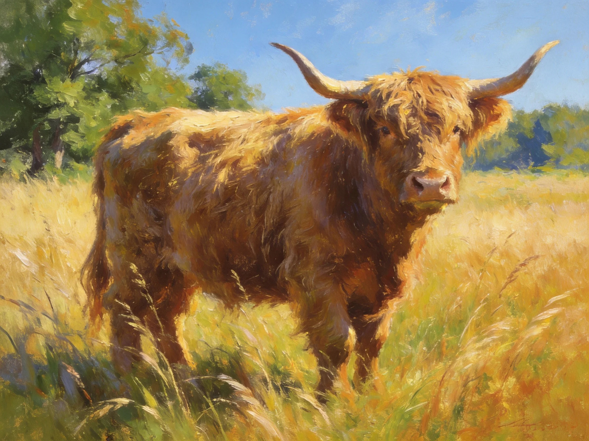 A shaggy brown cow with long horns in a golden meadow near green trees