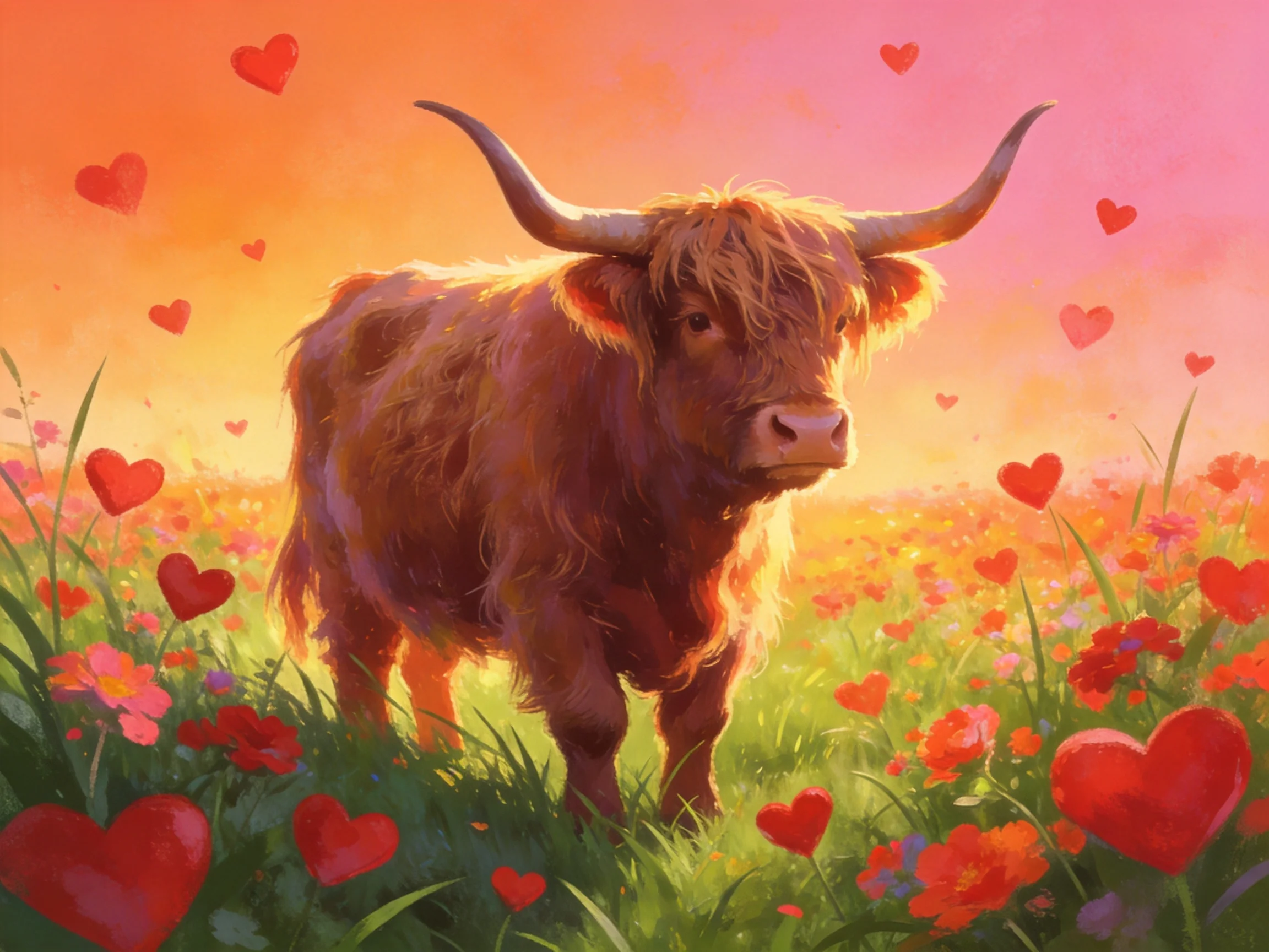 A shaggy brown longhorn stands among colorful flowers and floating hearts under a pink-orange sky