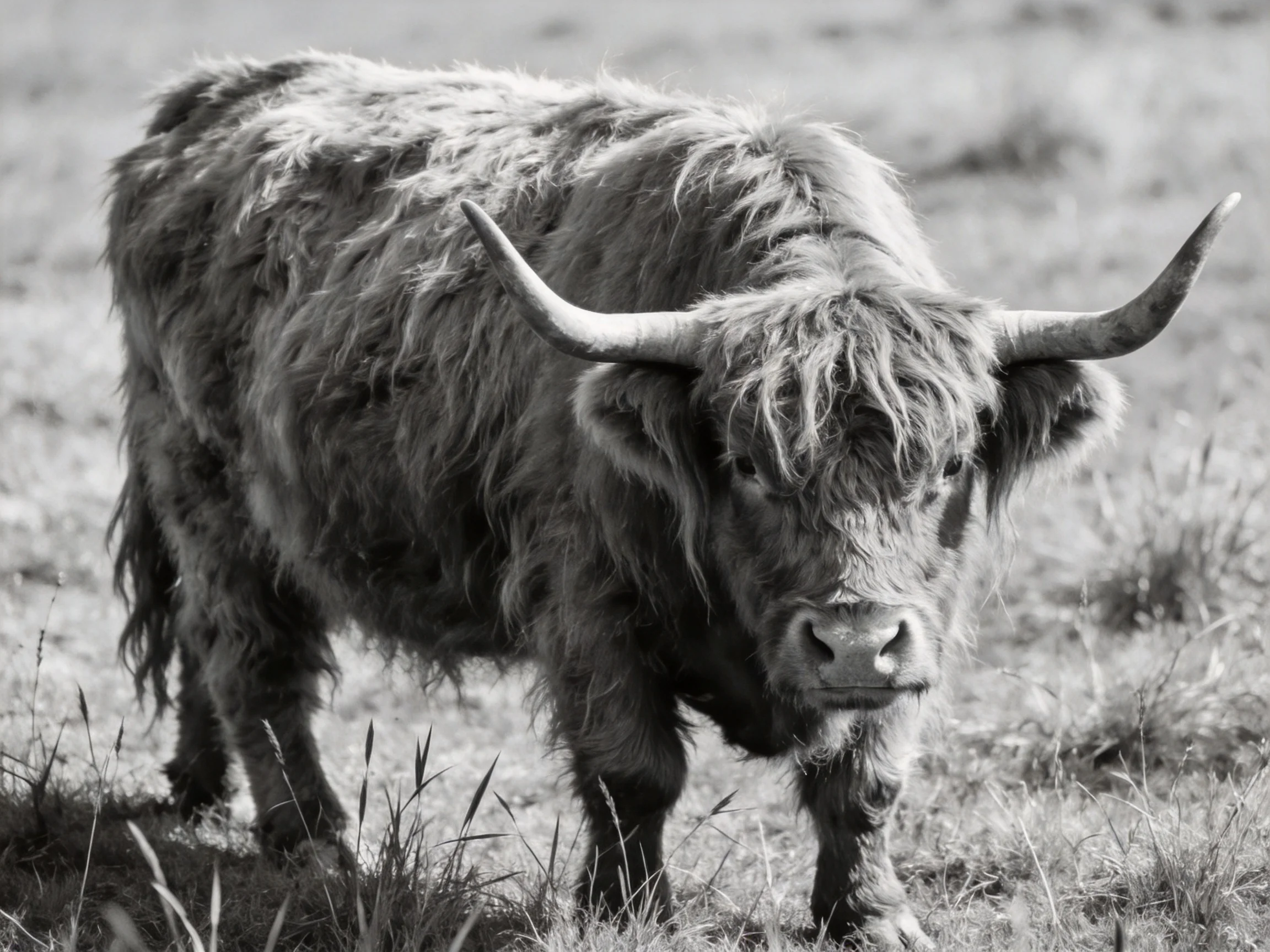 A shaggy Highland cow stands in a grassy field.