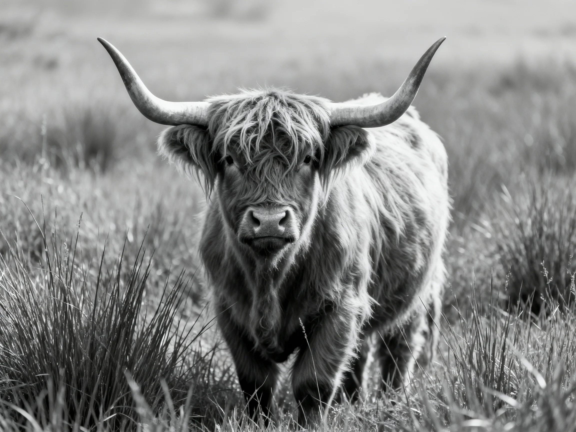 A shaggy-coated Highland cow with long curved horns in a grassy field