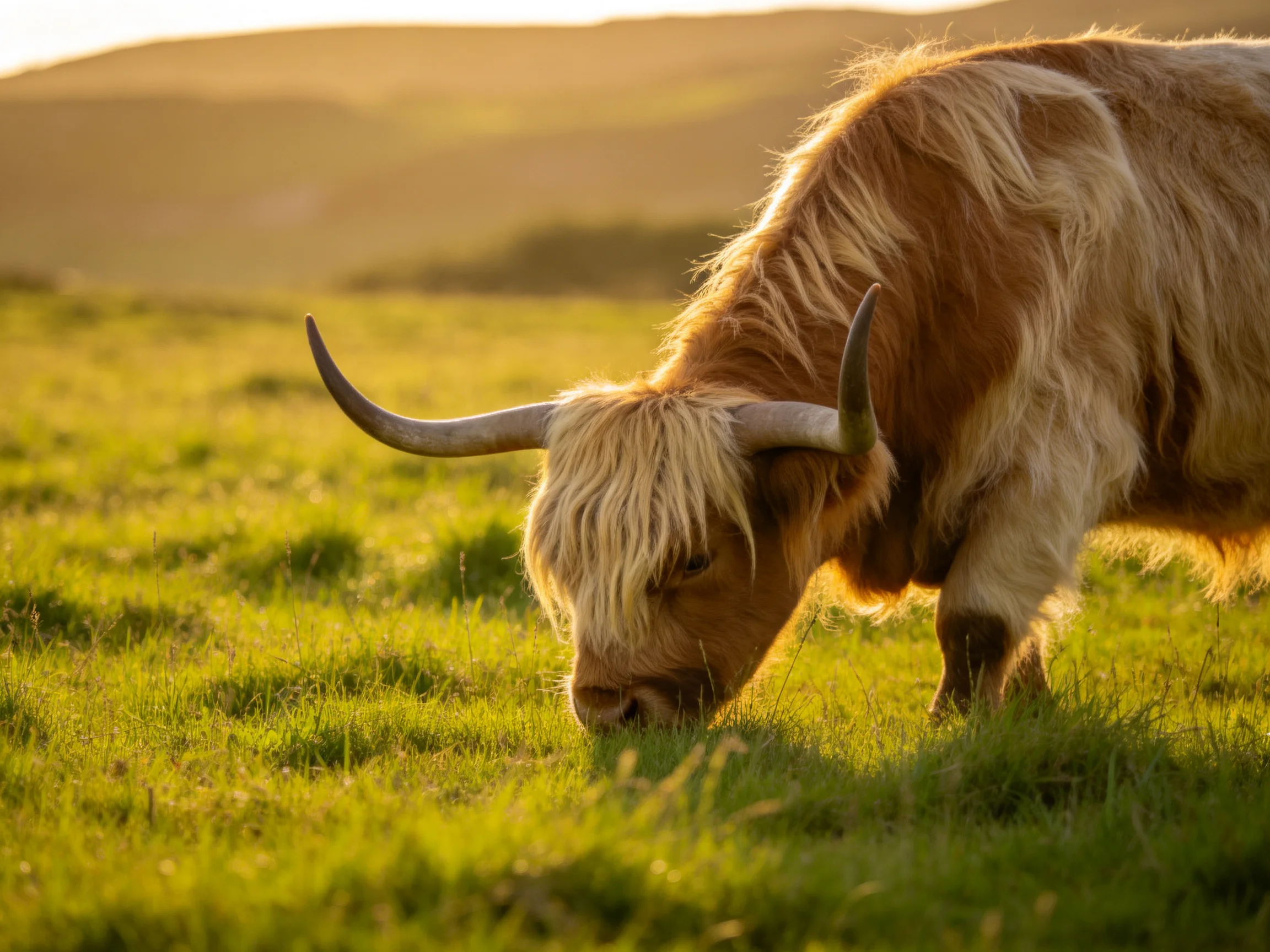 A shaggy-haired Highland cow grazes in a sunlit green meadow
