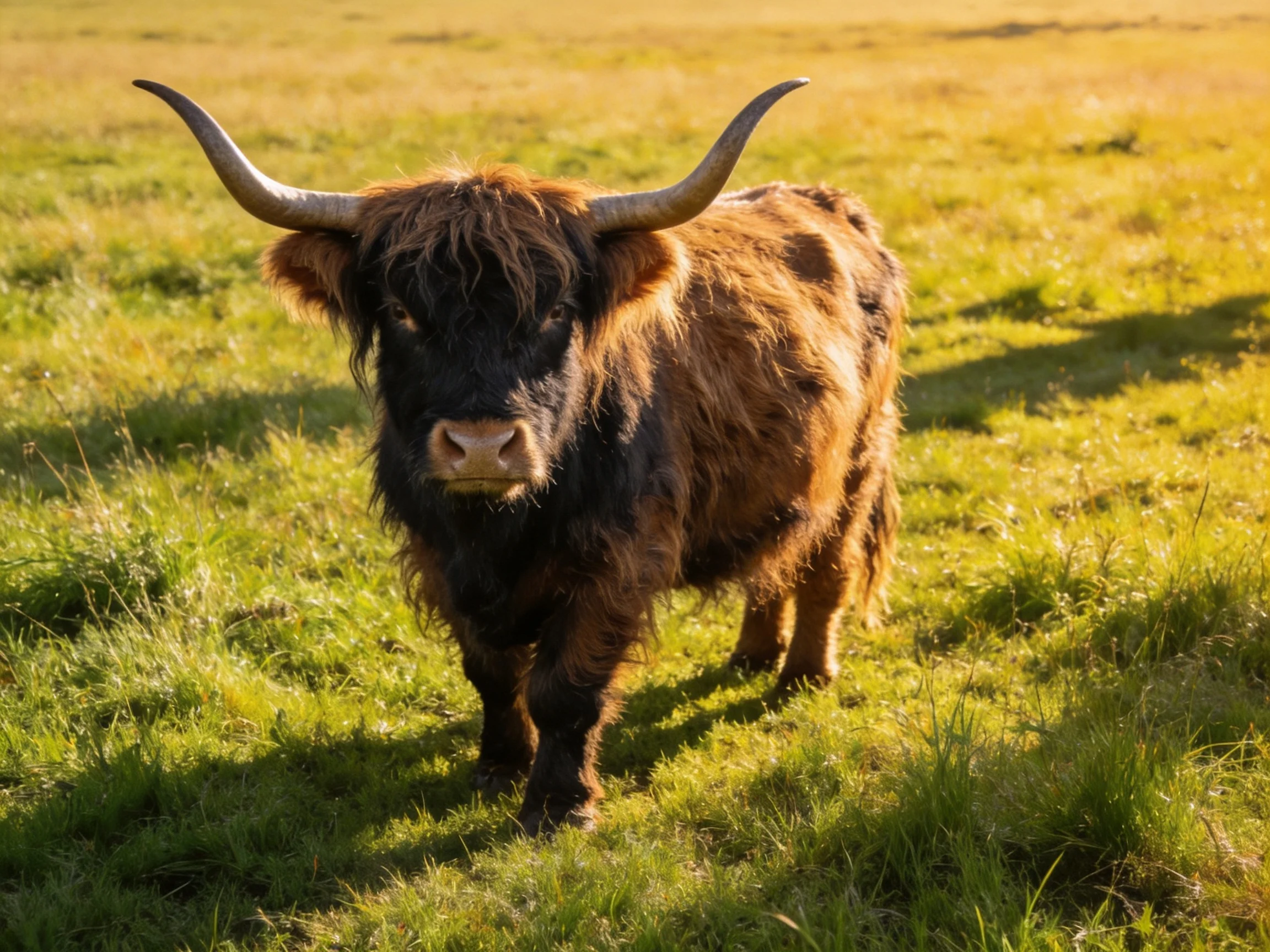 A shaggy-haired Highland cow stands in a sunlit green meadow
