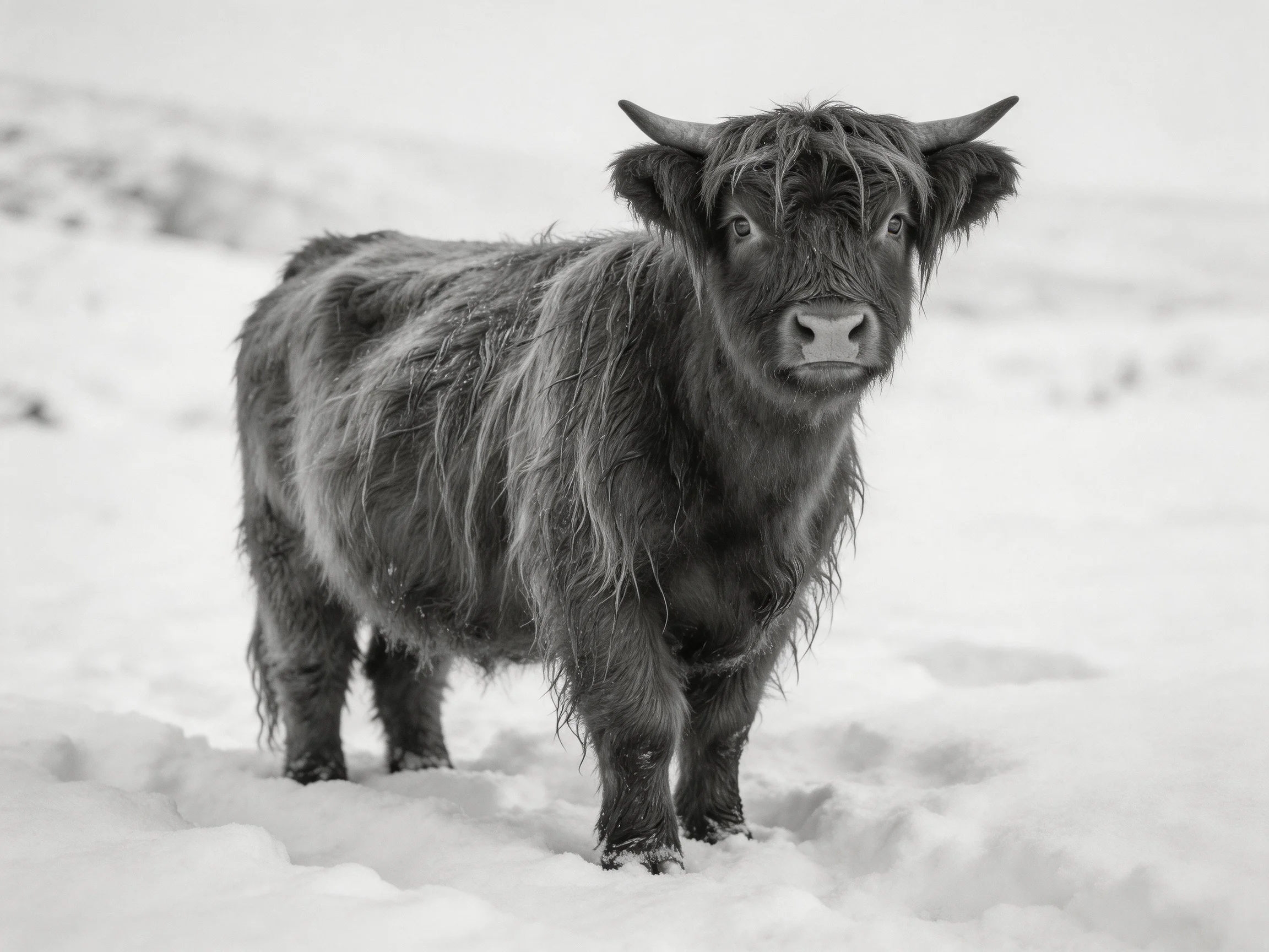 A shaggy-haired Highland cow stands in a vast snowy landscape