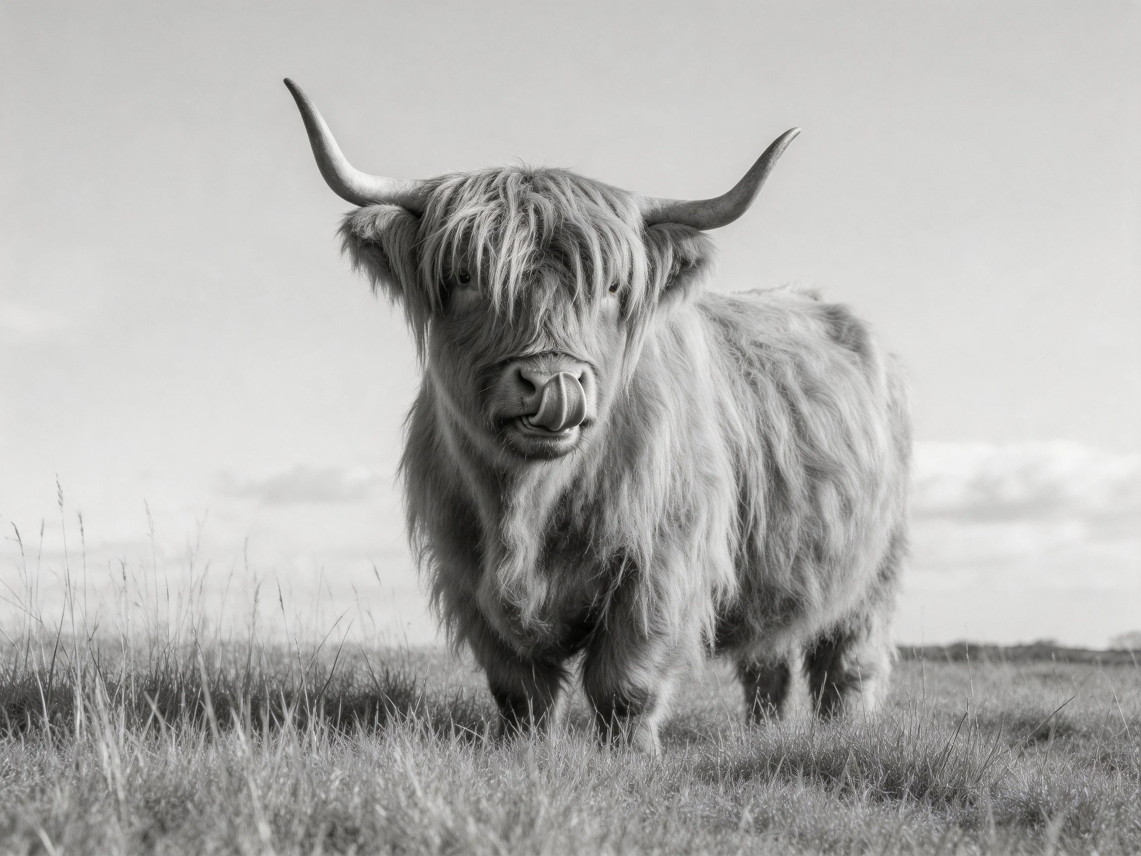A shaggy-haired Highland cow stands in an open field