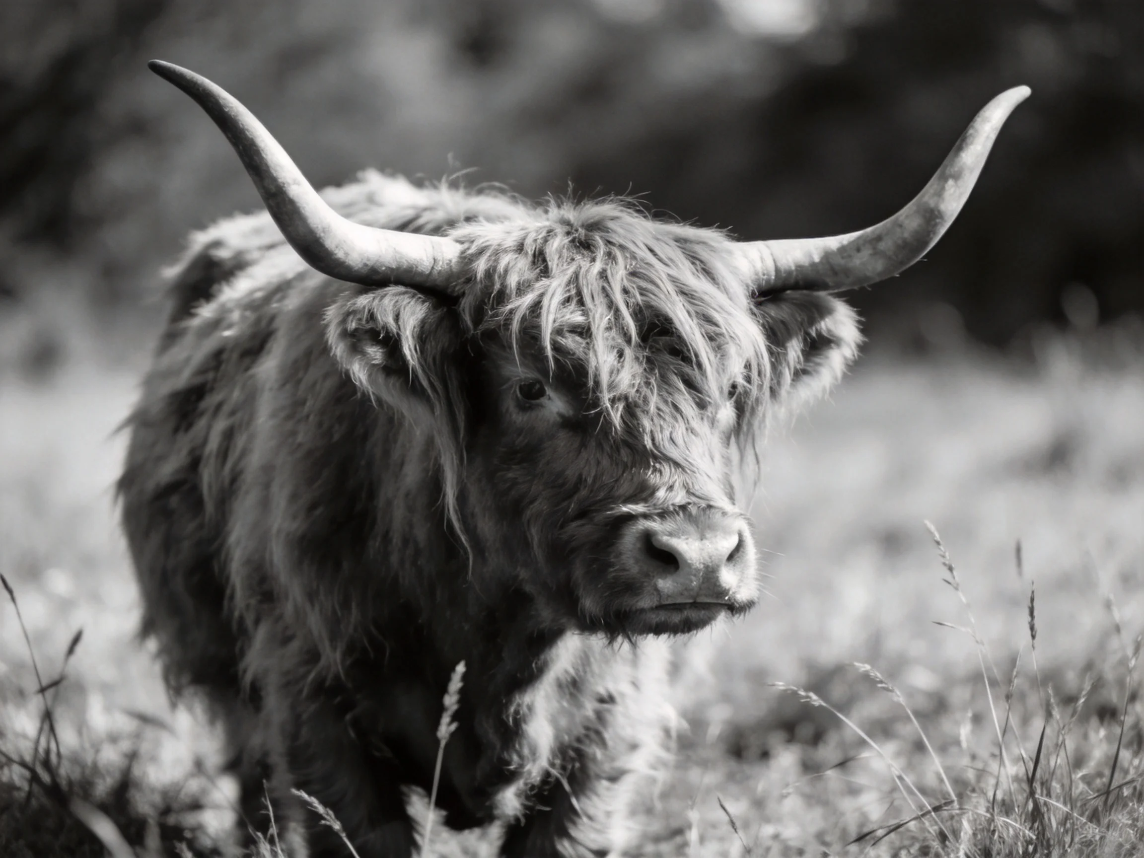 A shaggy Highland cow stands in a grassy field with blurred surroundings.