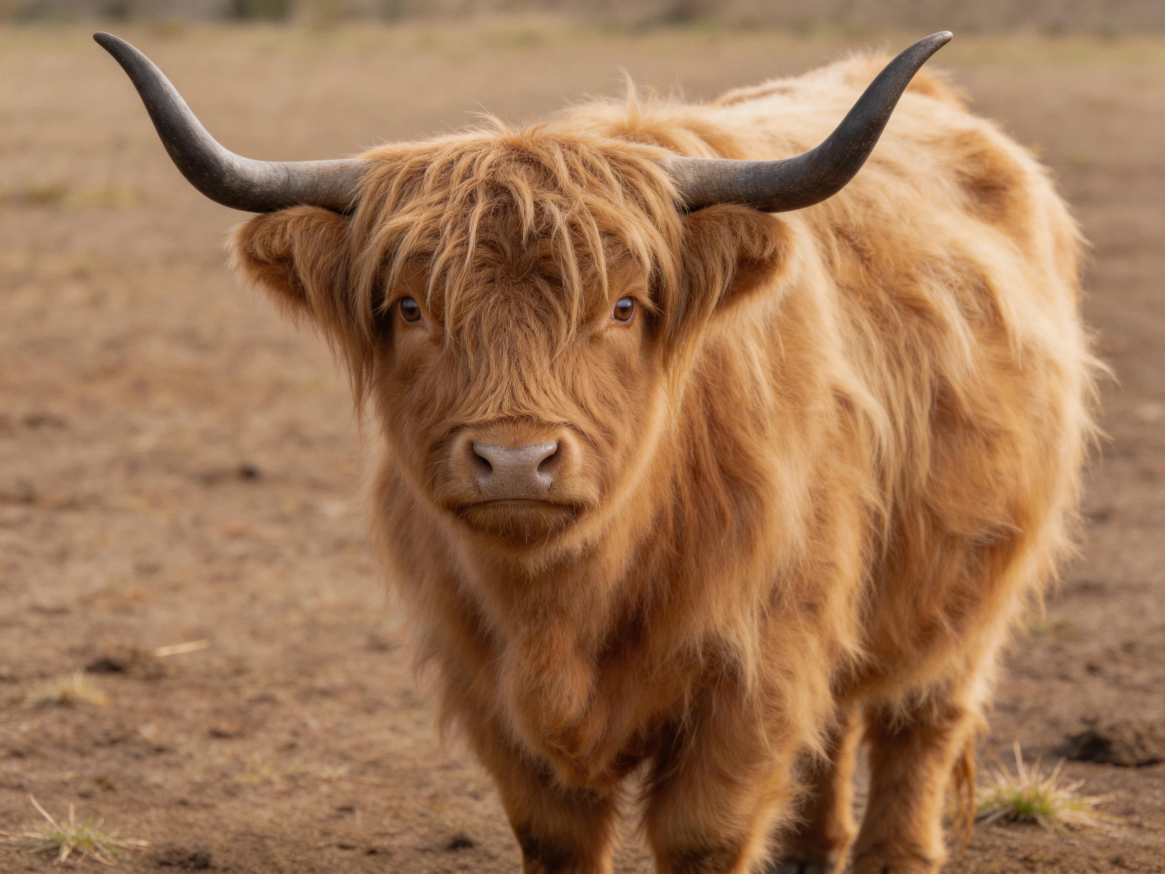A shaggy-haired brown Highland cow in a sunlit open field