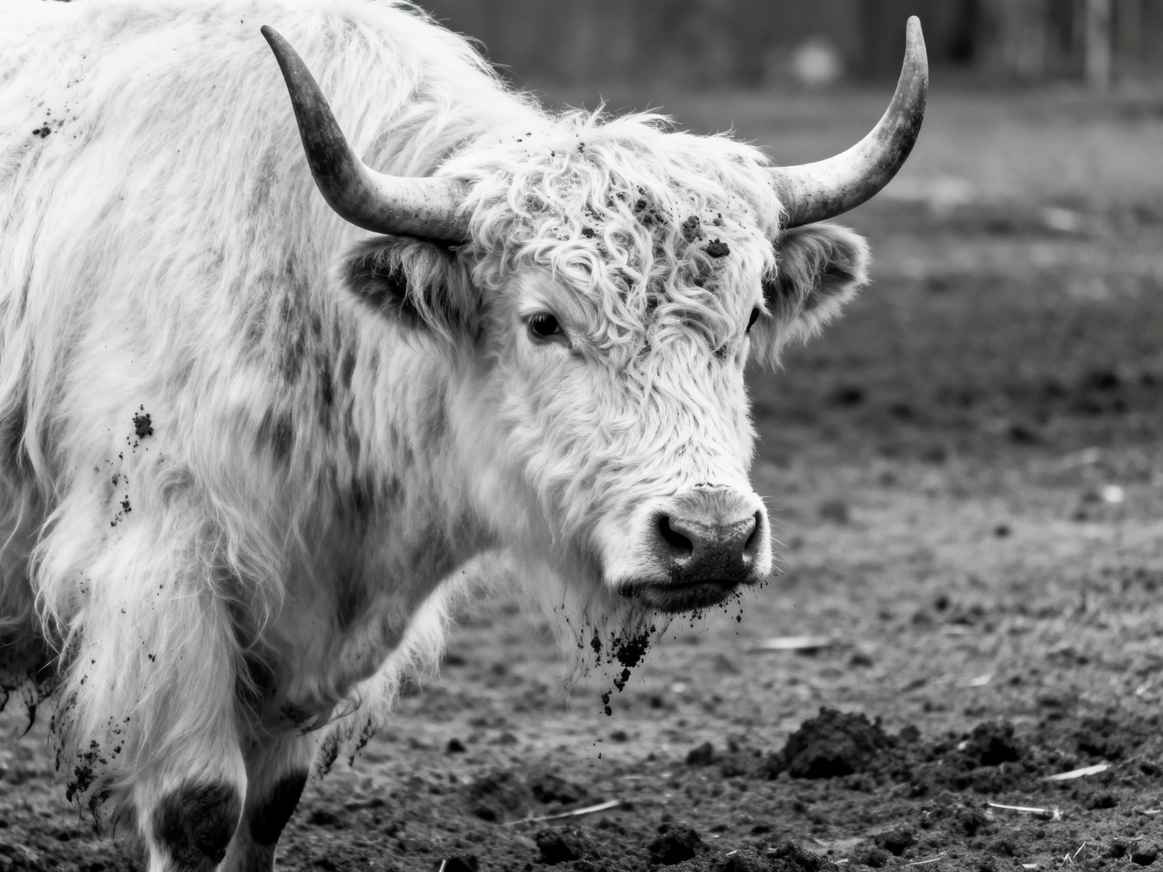 A shaggy-horned cow in a muddy rural landscape
