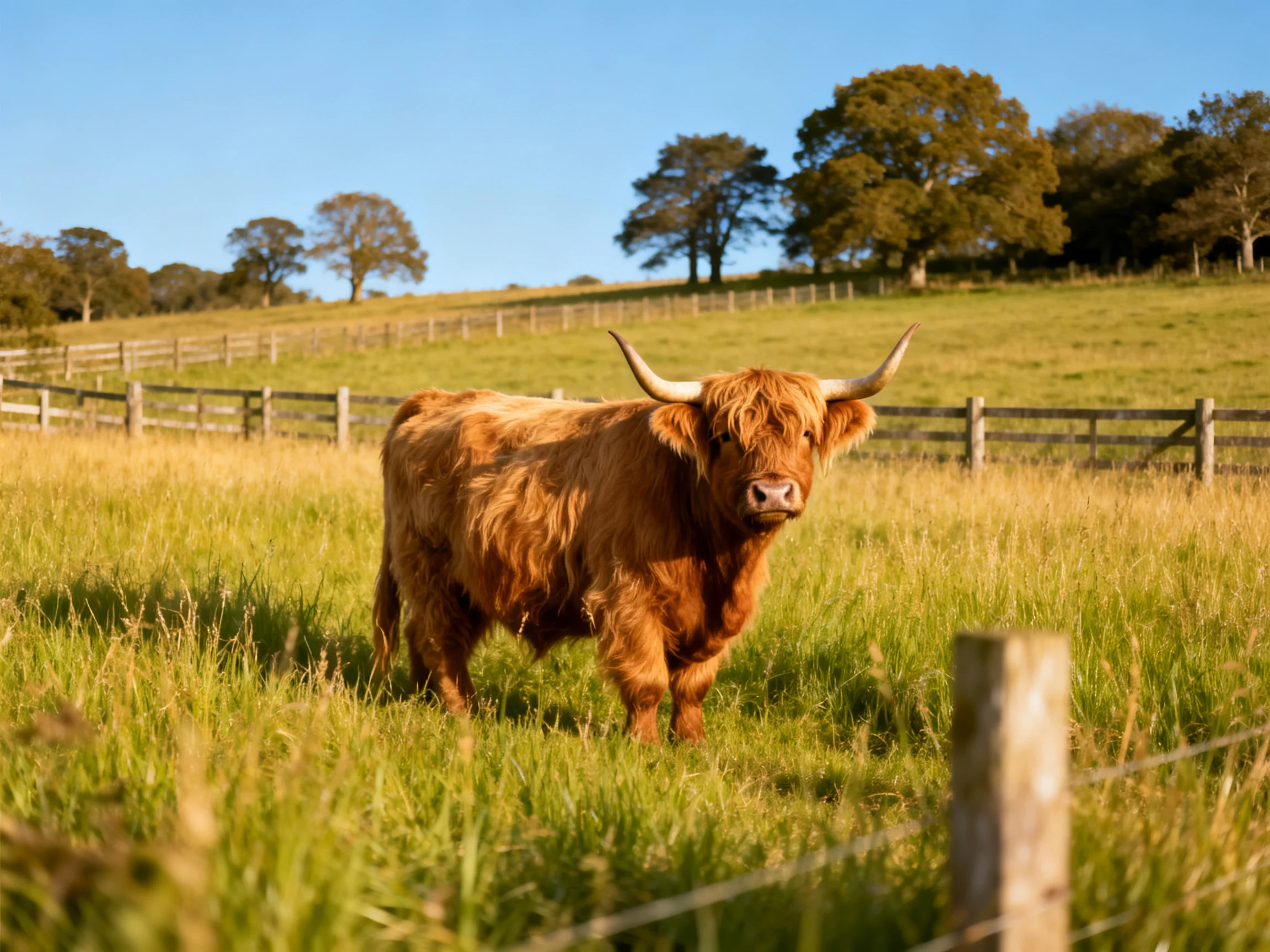 A shaggy reddish-brown Highland cow in a sunlit green pasture
