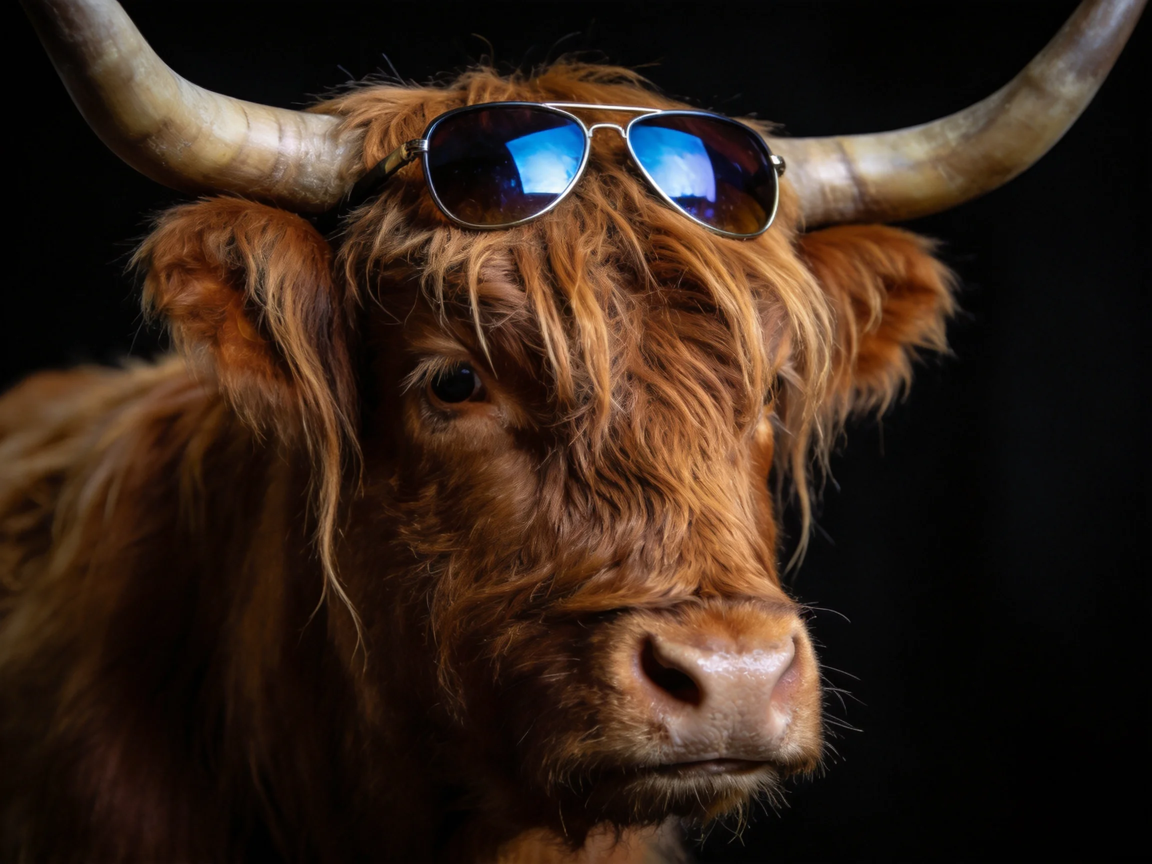 A shaggy reddish-brown Highland cow wears reflective blue-tinted sunglasses