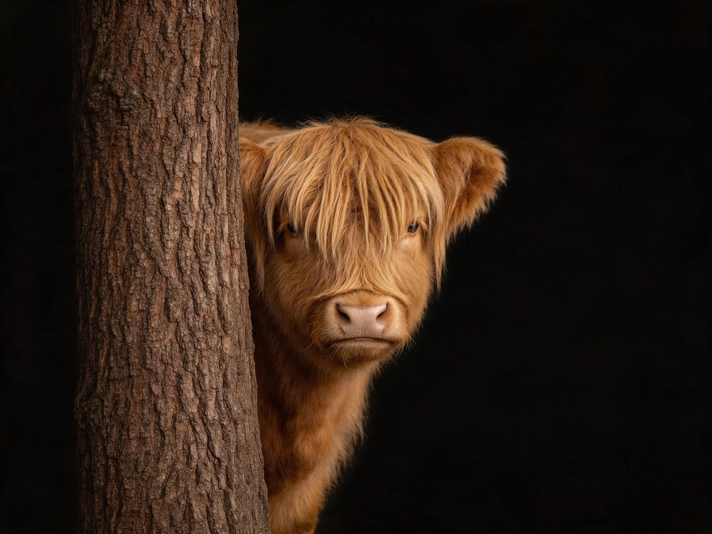 A shaggy tan Highland calf peeks from behind a textured tree trunk