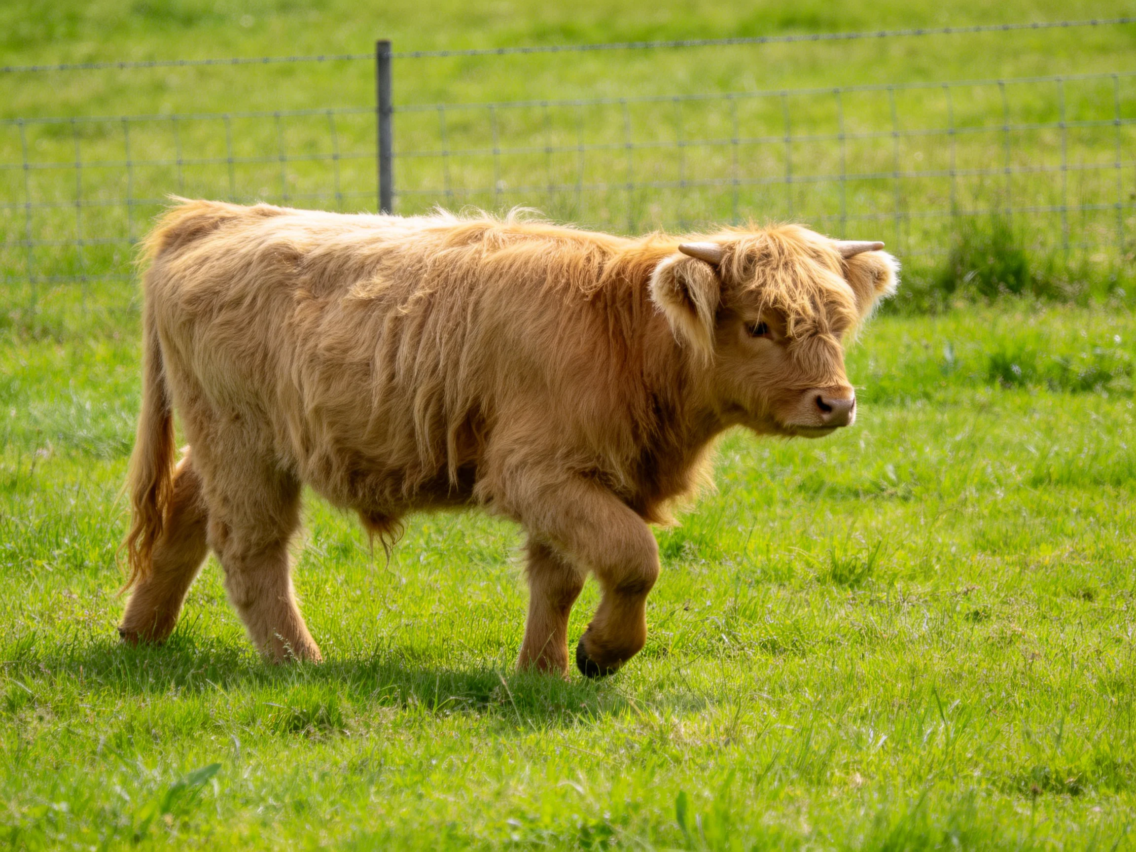 A shaggy tan Highland calf roams a lush green pasture near a wire fence