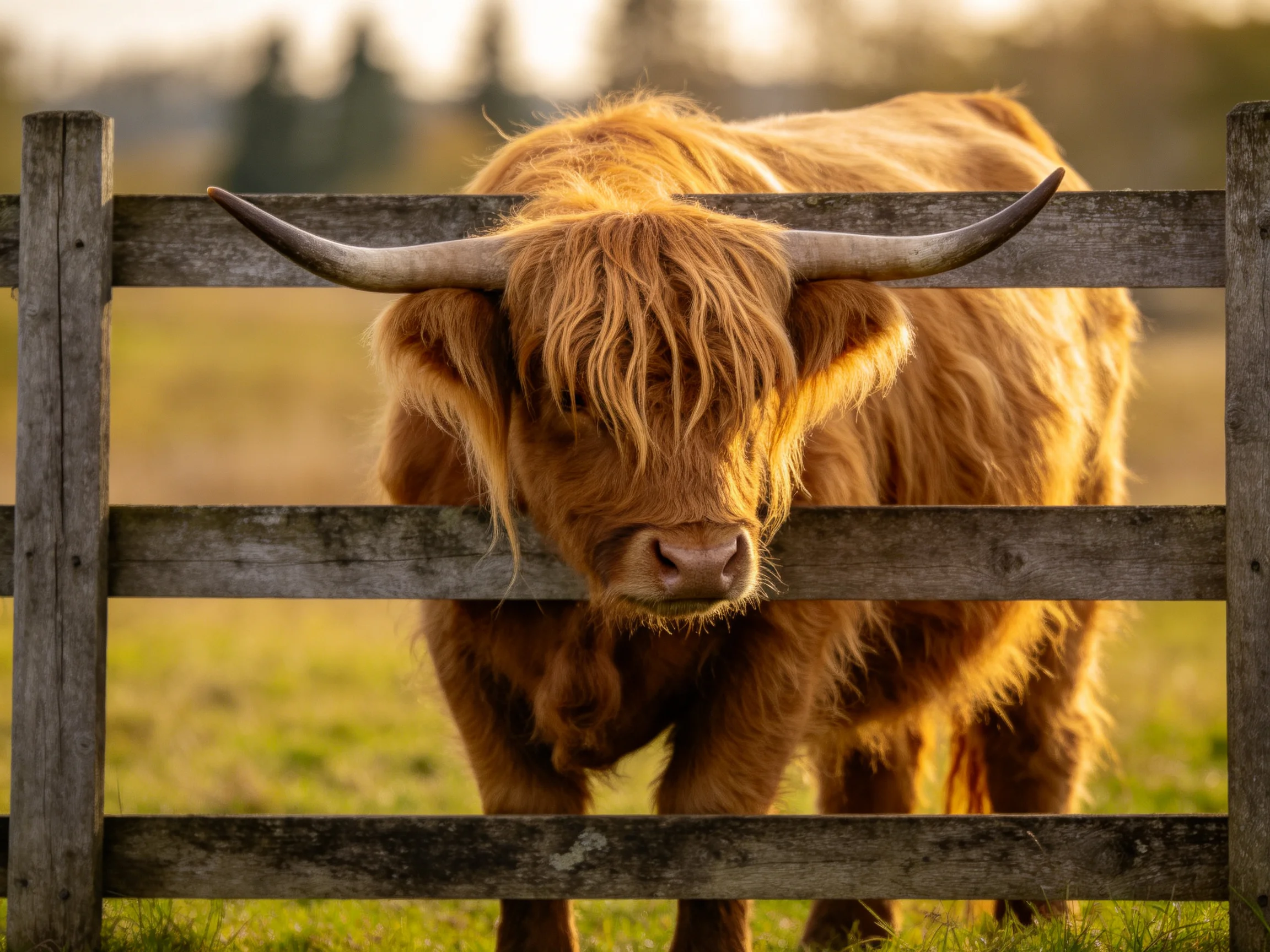 A shaggy tan Highland cow peeks through a weathered wooden fence