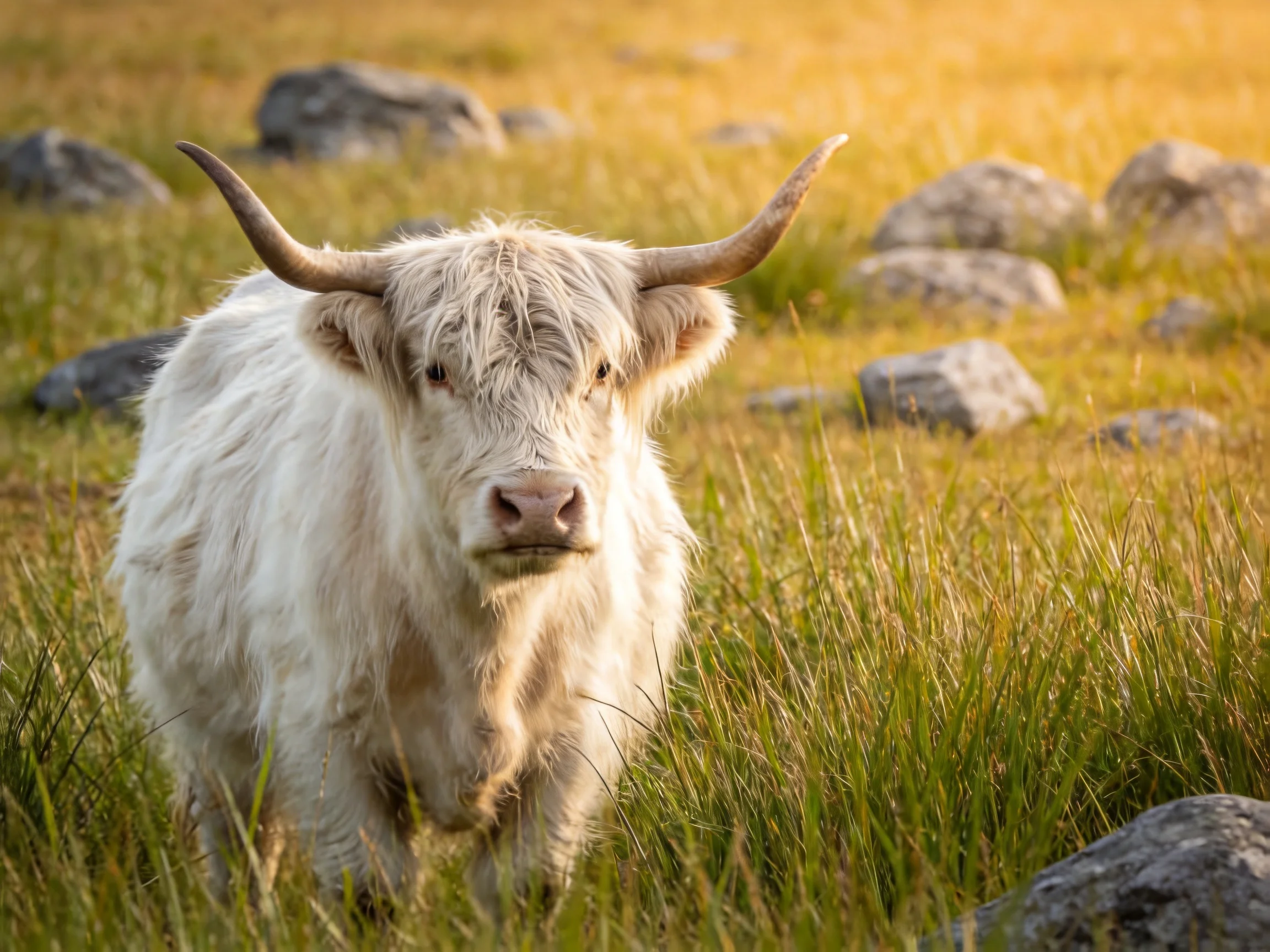 A shaggy white Highland cow stands in talllit grass near scattered rocks