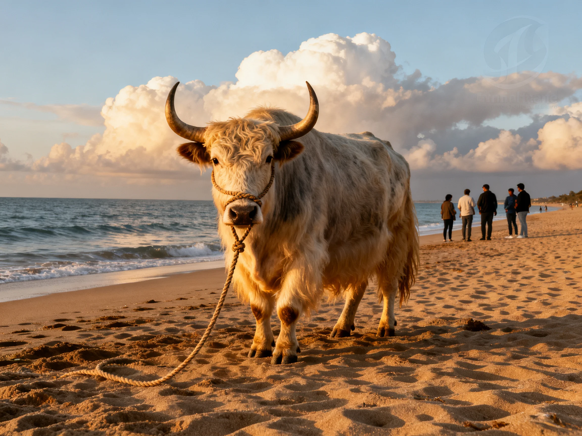 A shaggy white bull roams a sandy beach by the sea