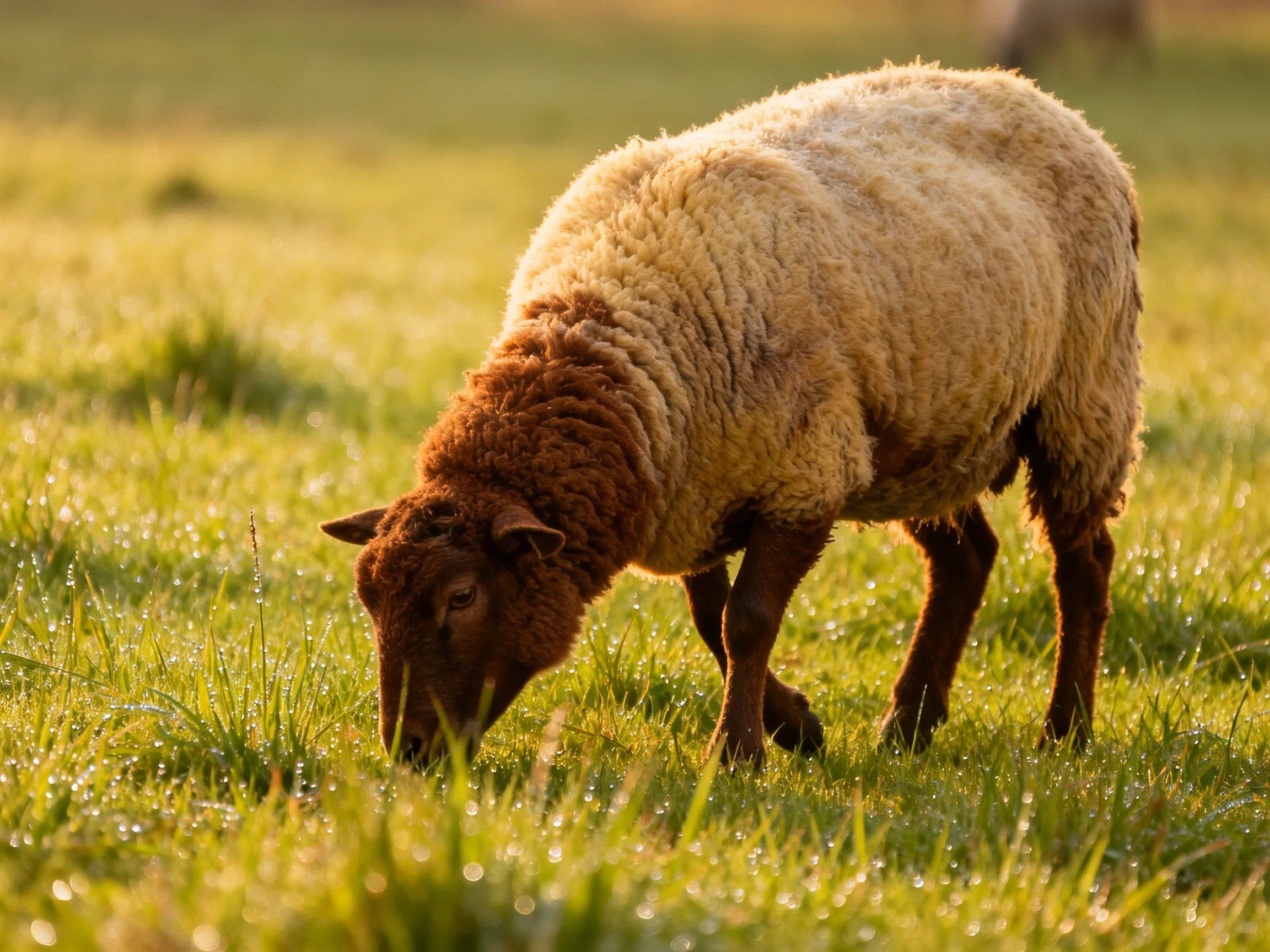 A sheep with brown face and beige wool grazing in a dewy green meadow