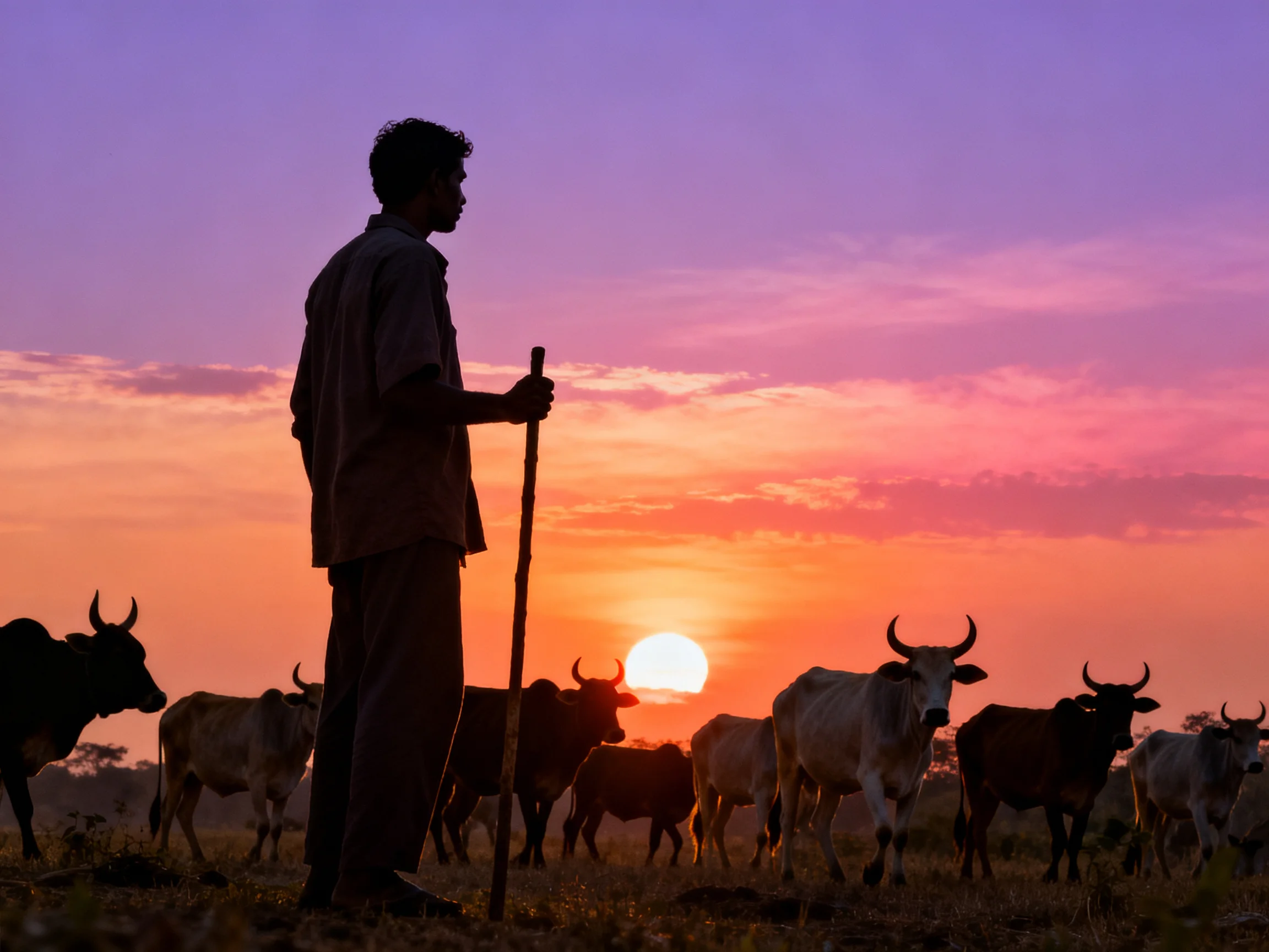 A shepherd herding cattle under a colorful sunset sky