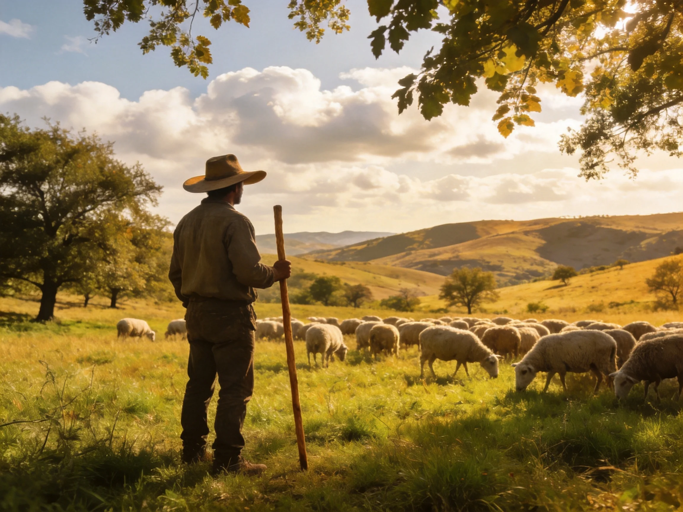 A shepherd tends a flock of white sheep amid golden hills and trees