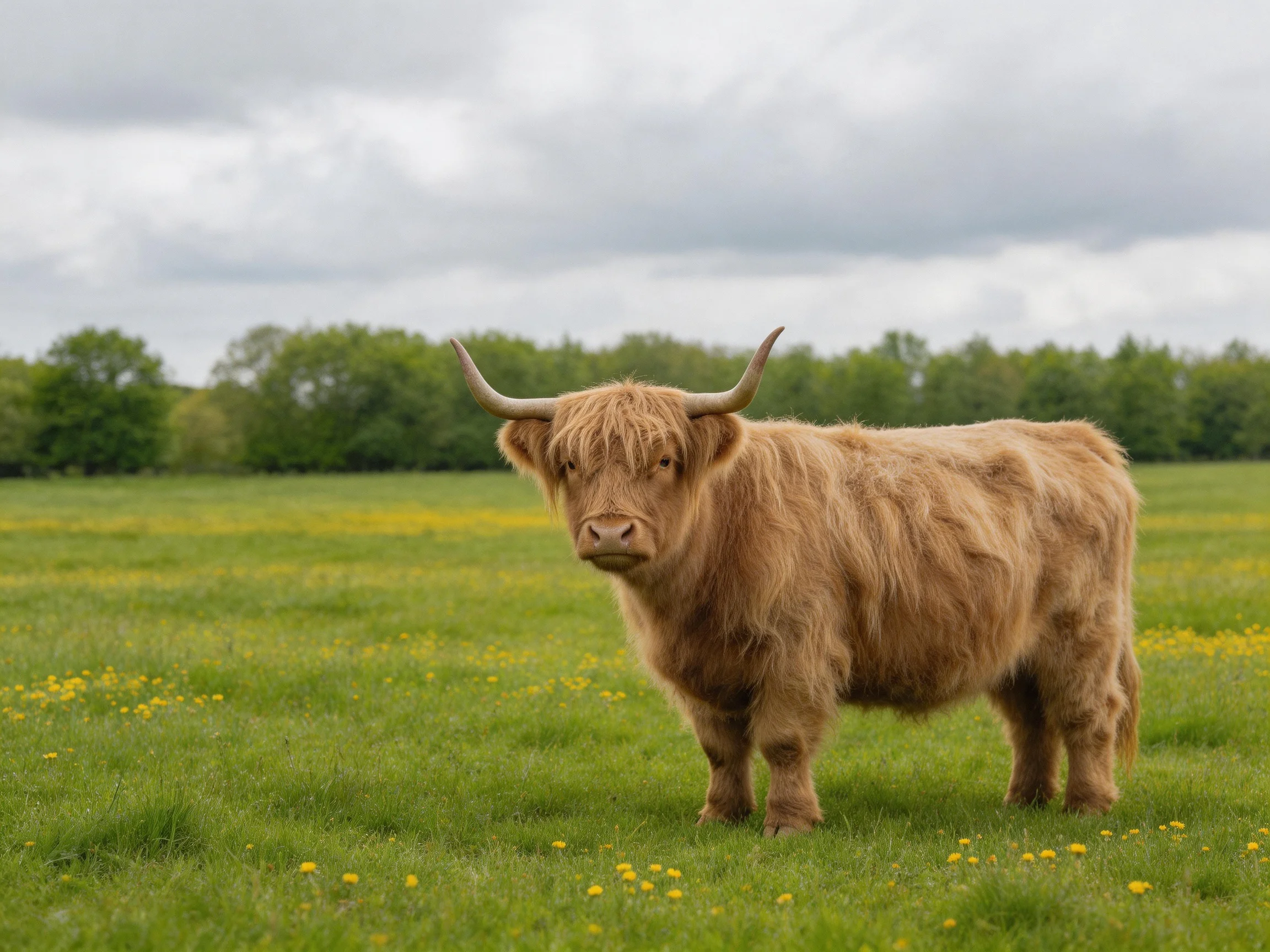 A single Highland cow with long brown fur in a green field of yellow flowers