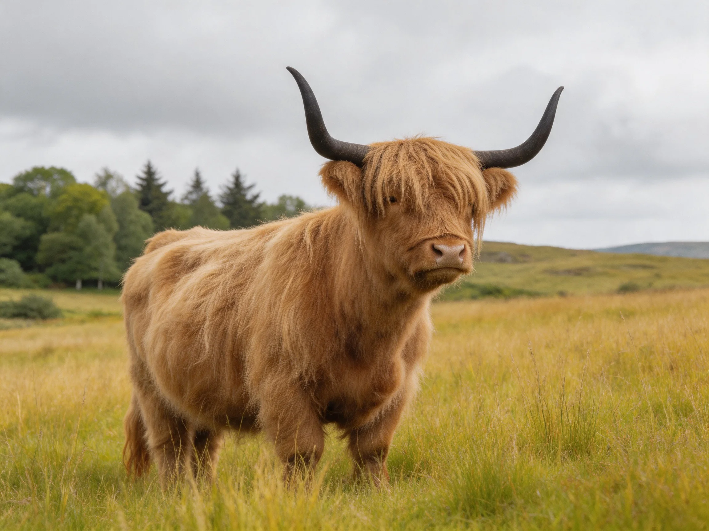 A single Highland cow with shaggy brown fur in a grassy meadow