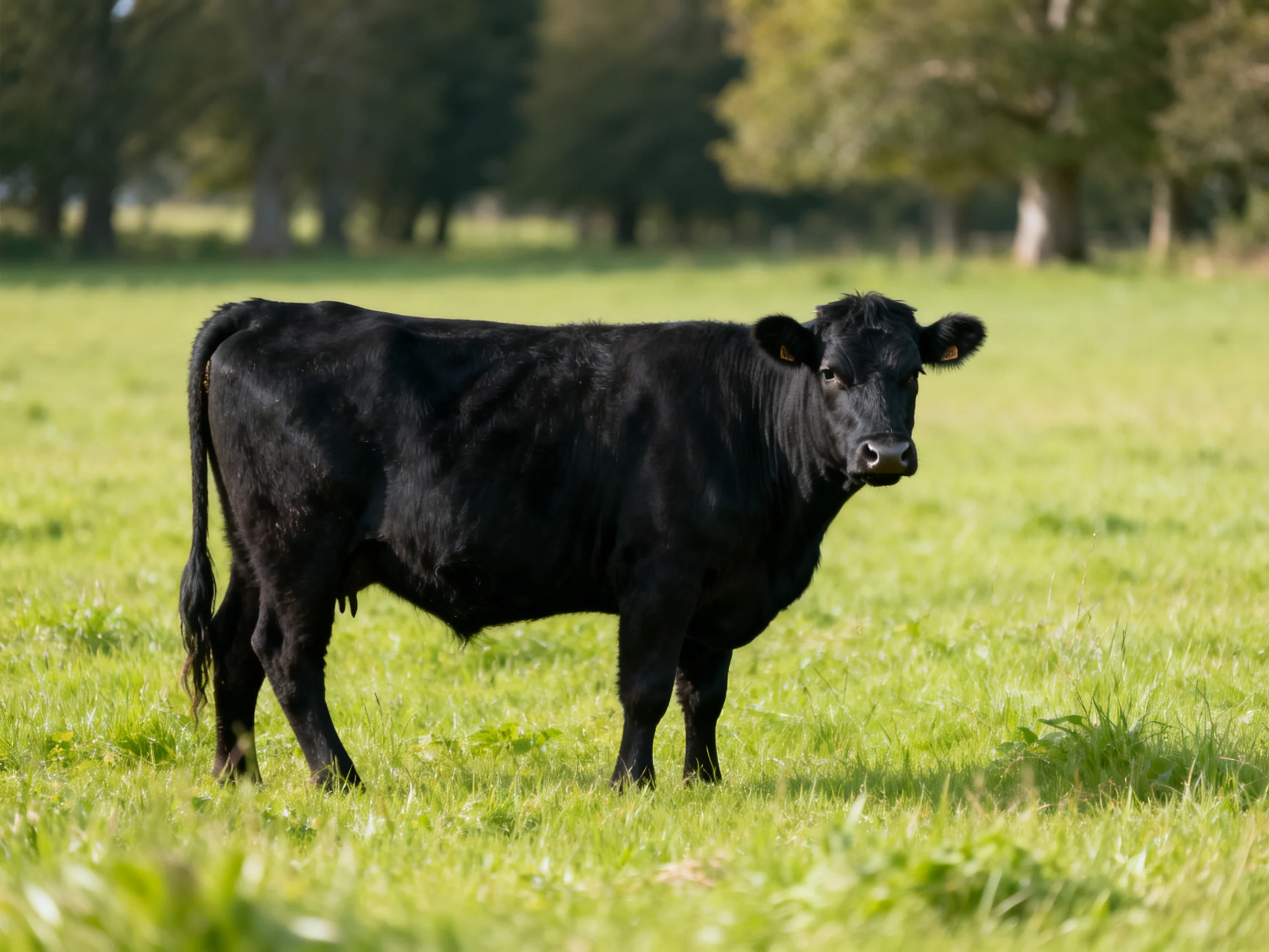 A single black cow standing in a lush green pasture