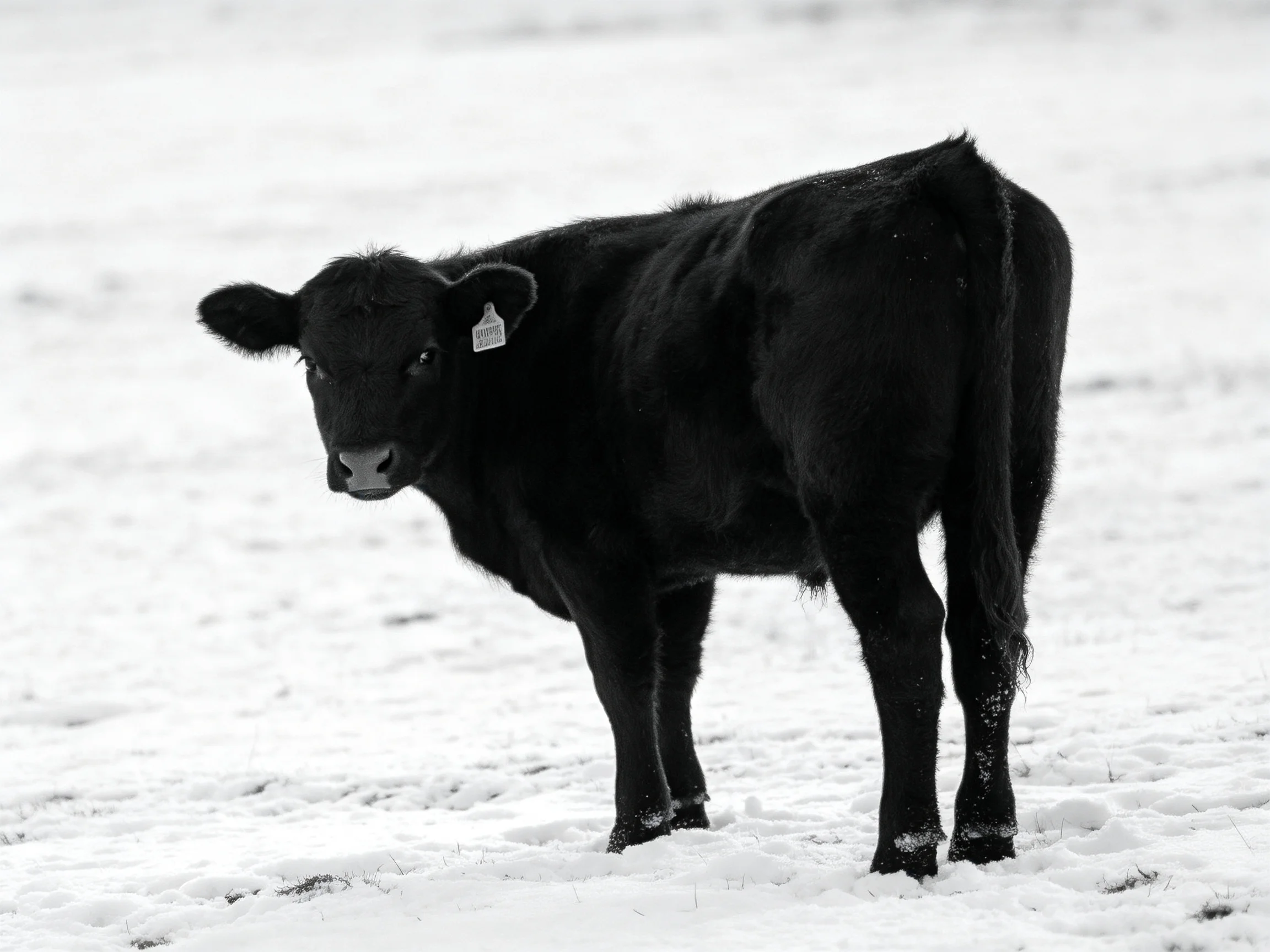 A single black cow stands in a snowy field