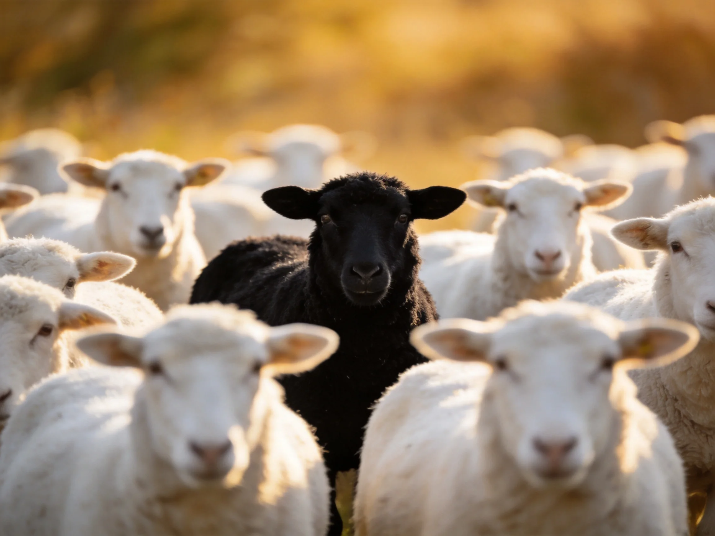 A single black sheep among many white sheep in a golden field