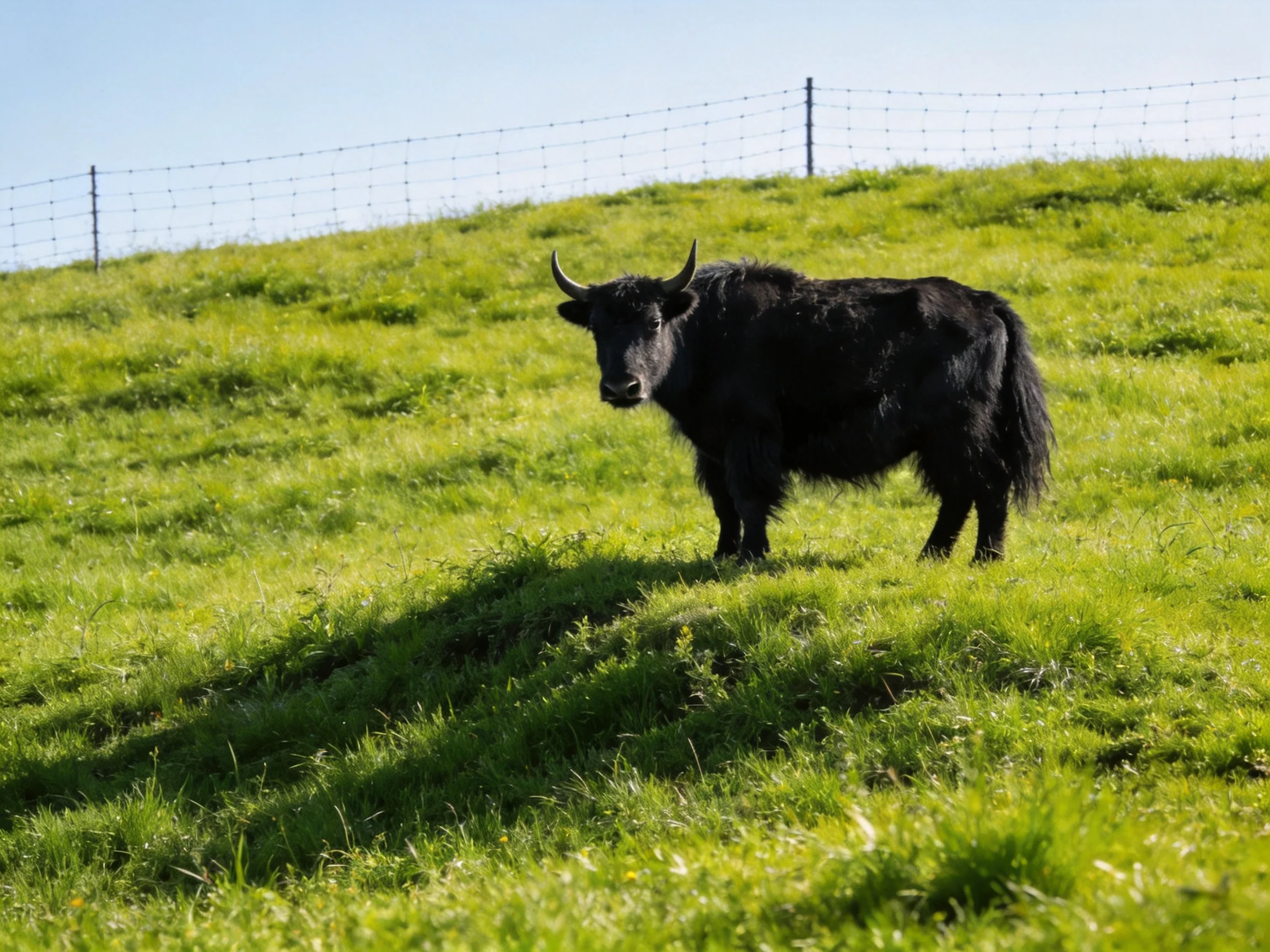 A single black yak stands on a lush green hillside with a wire fence