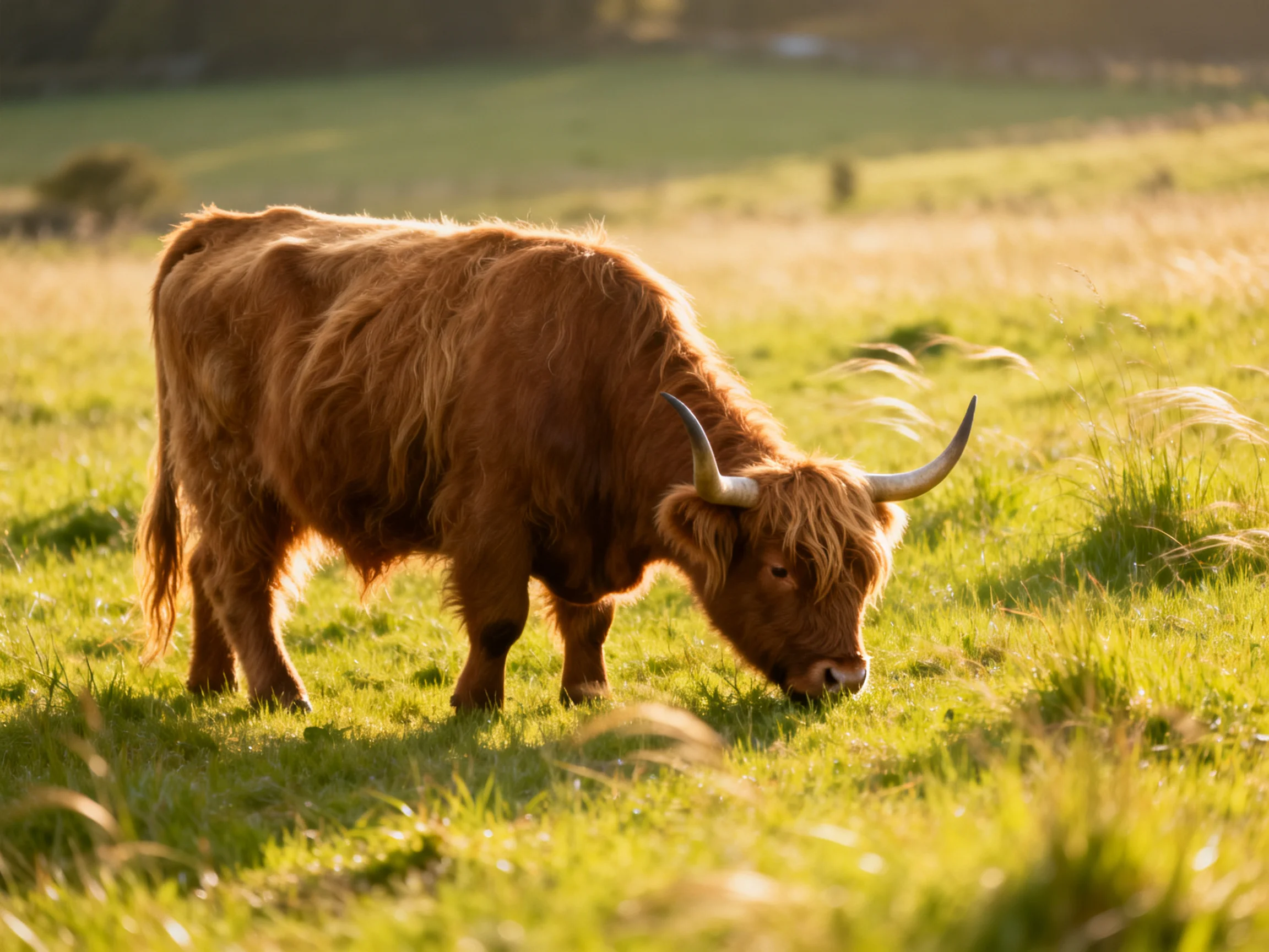 A single brown Highland cow grazes in a sunlit green meadow