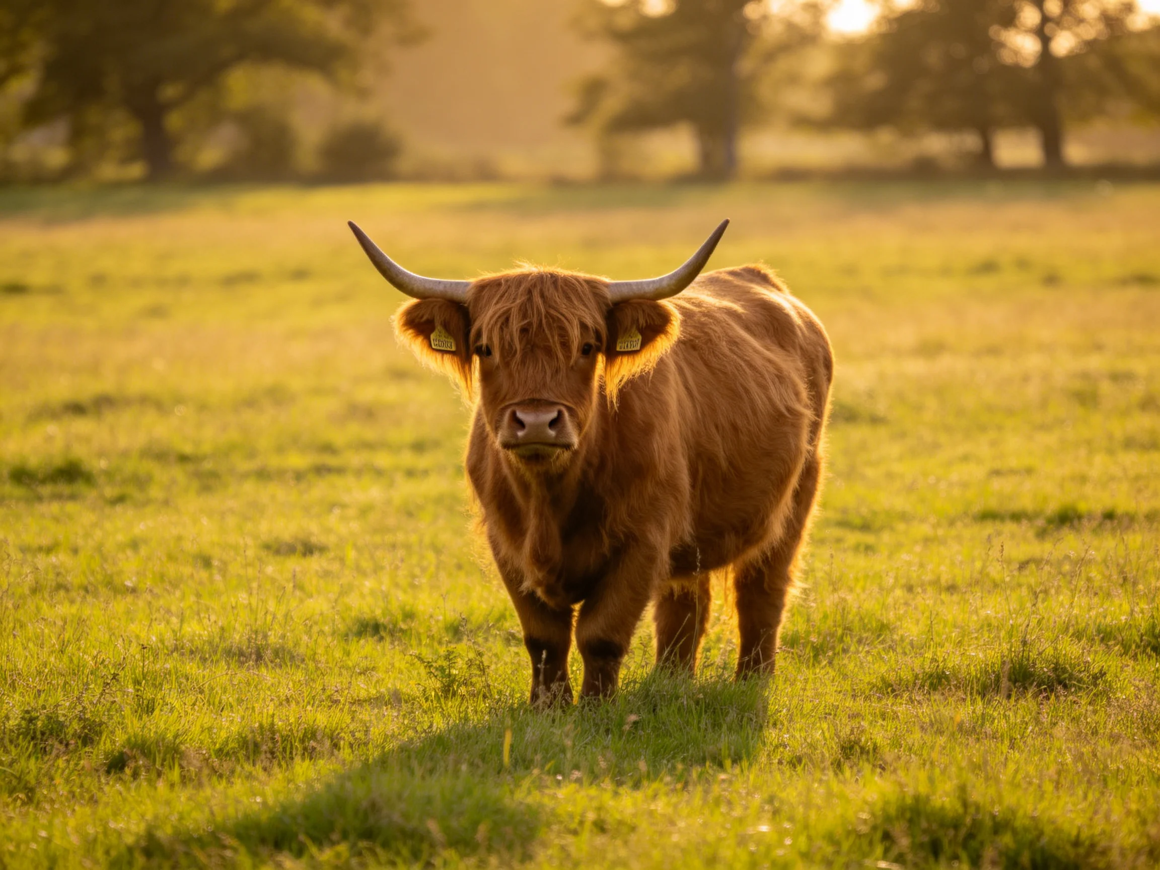 A single brown Highland cow stands in a sunlit green pasture