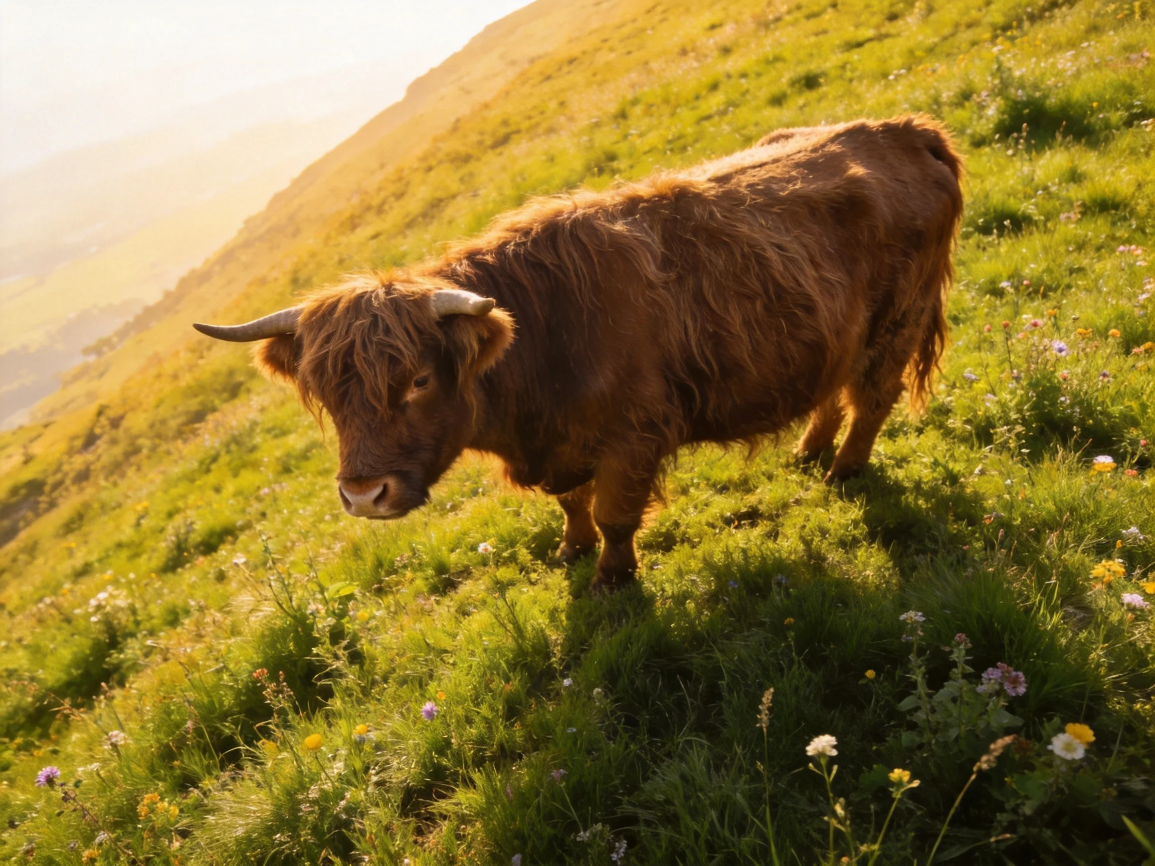 A single brown Highland cow stands on a lush green hillside