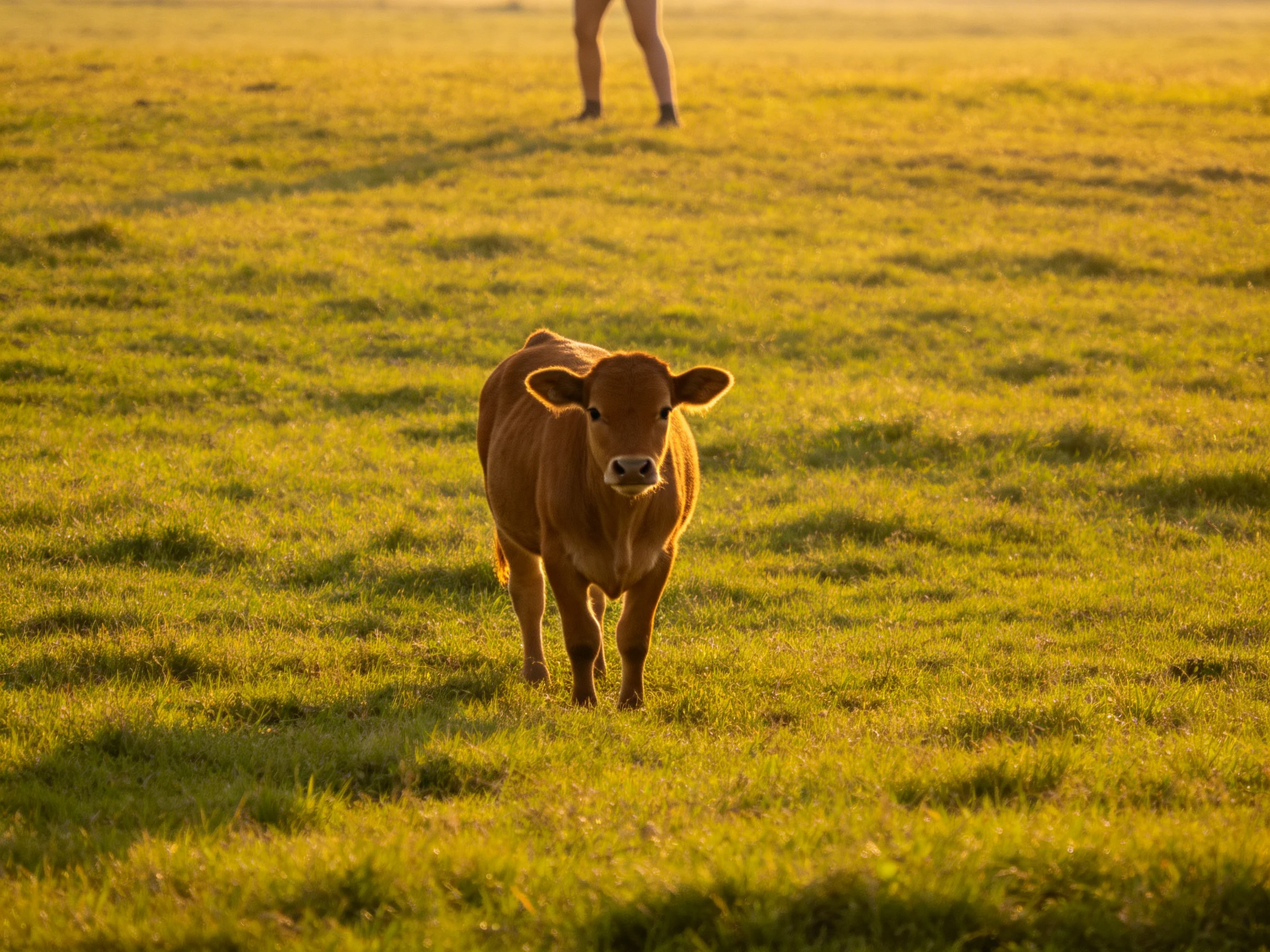 A single brown calf in a golden-green pasture with a distant figure