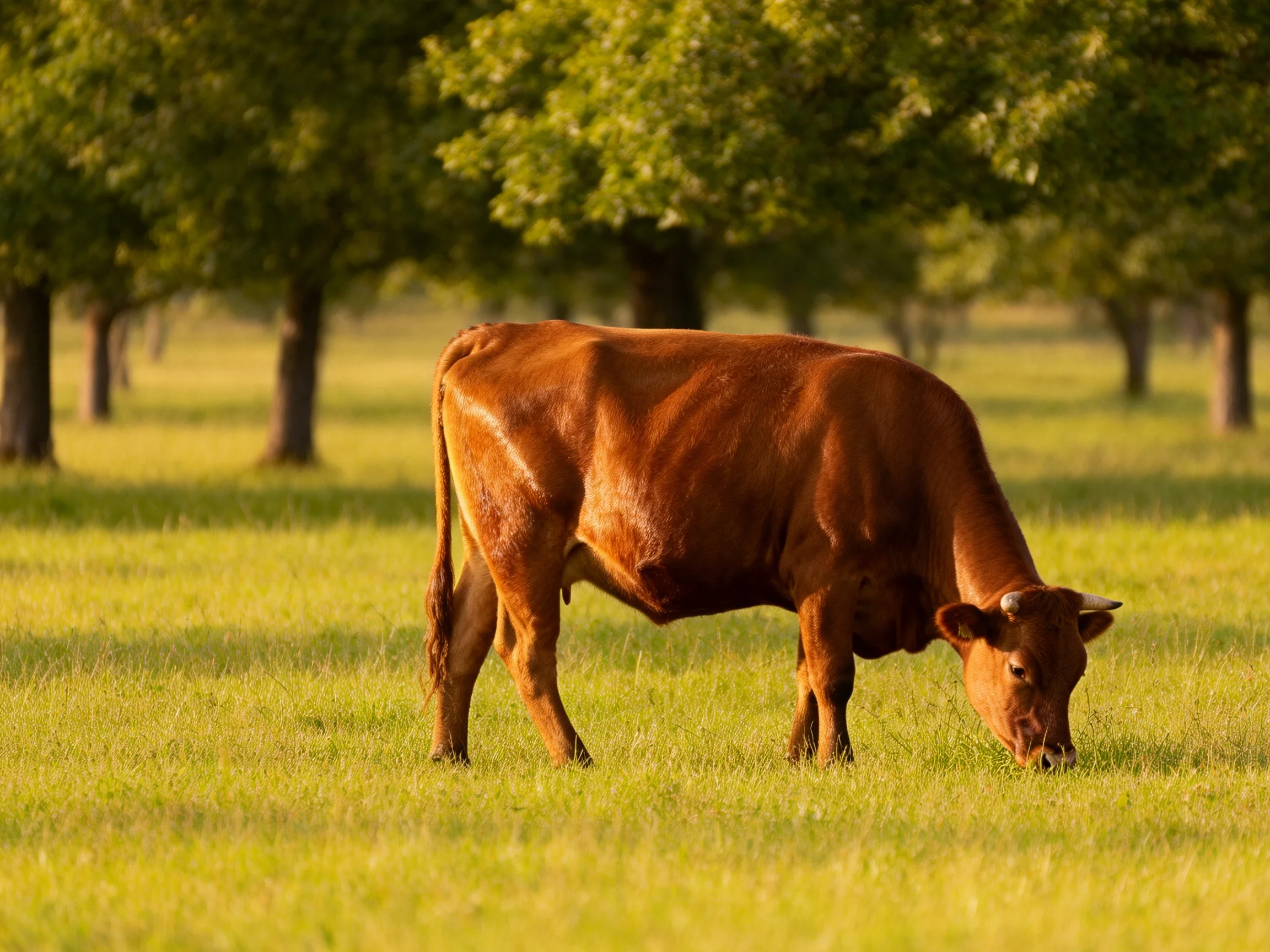 A brown cow grazes in a sunlit grassy area near trees