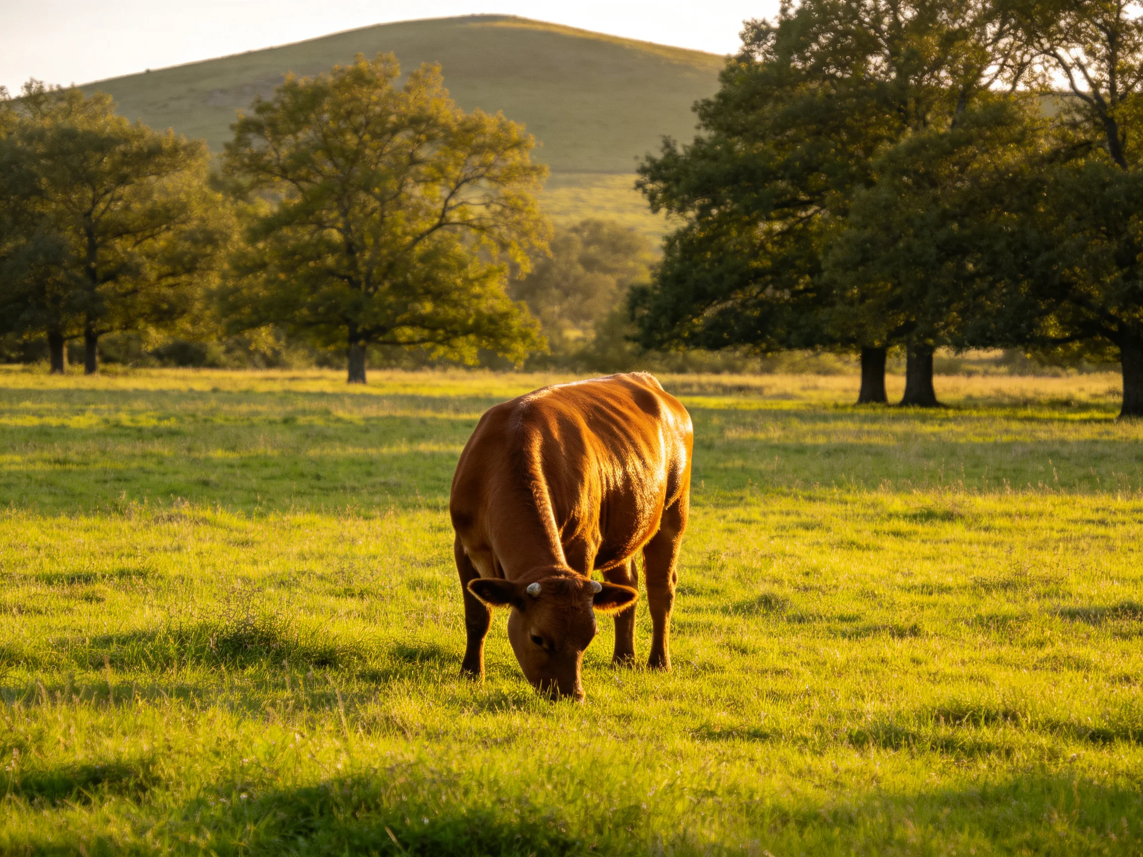 A single brown cow grazes in a sunlit green pasture with tall trees and a distant hill.