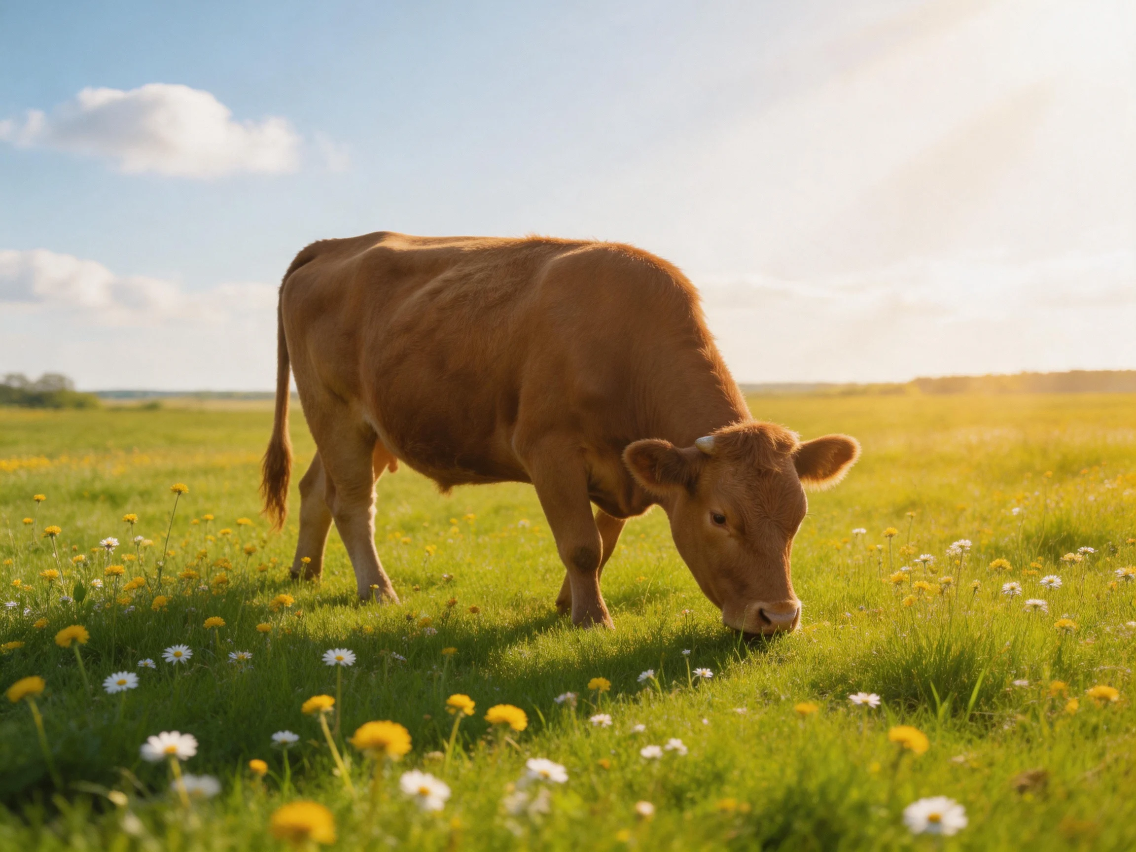 A single brown cow grazing in a vibrant flower-filled meadow