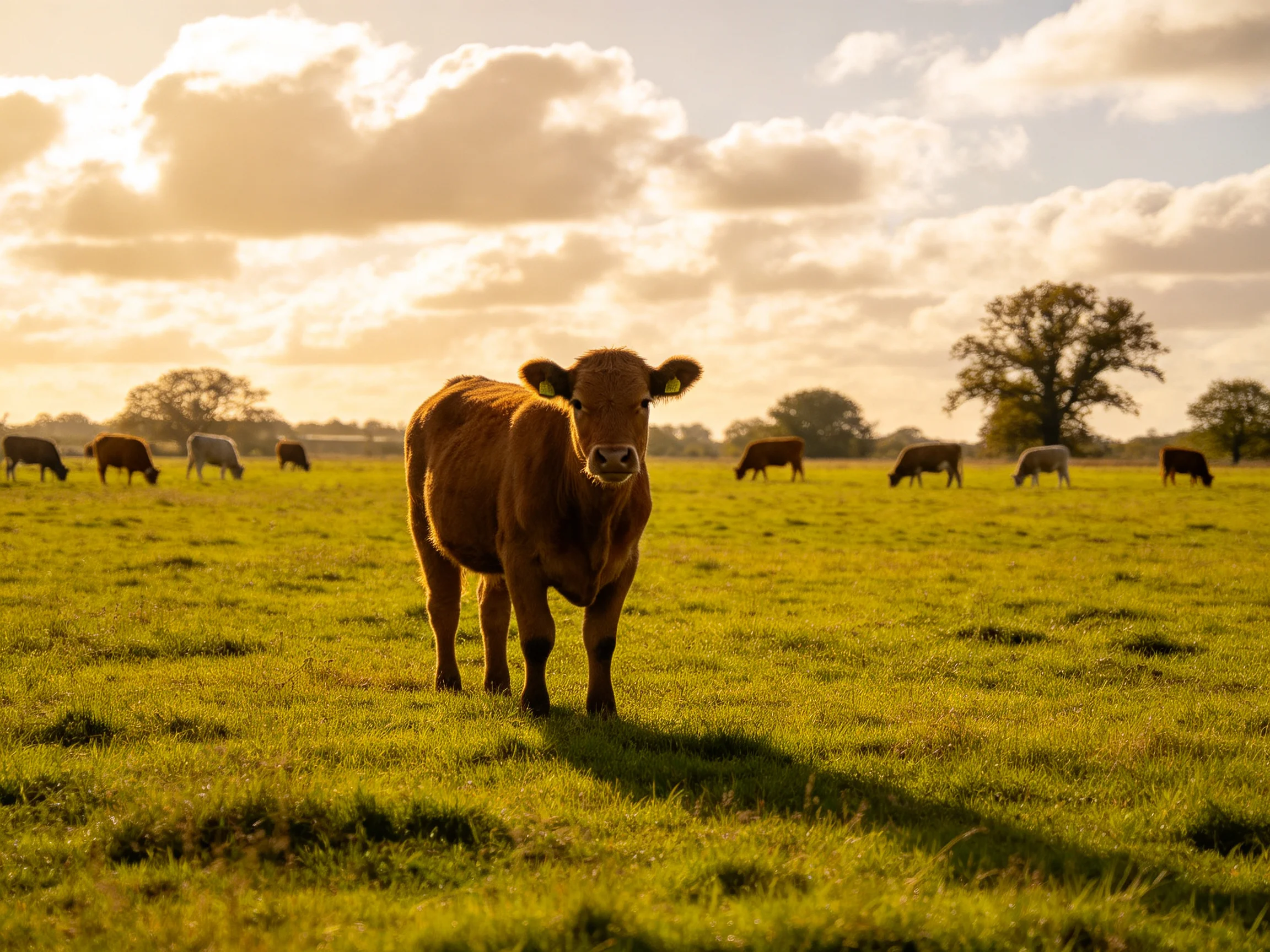 A single brown cow in a golden-lit green pasture with grazing cattle