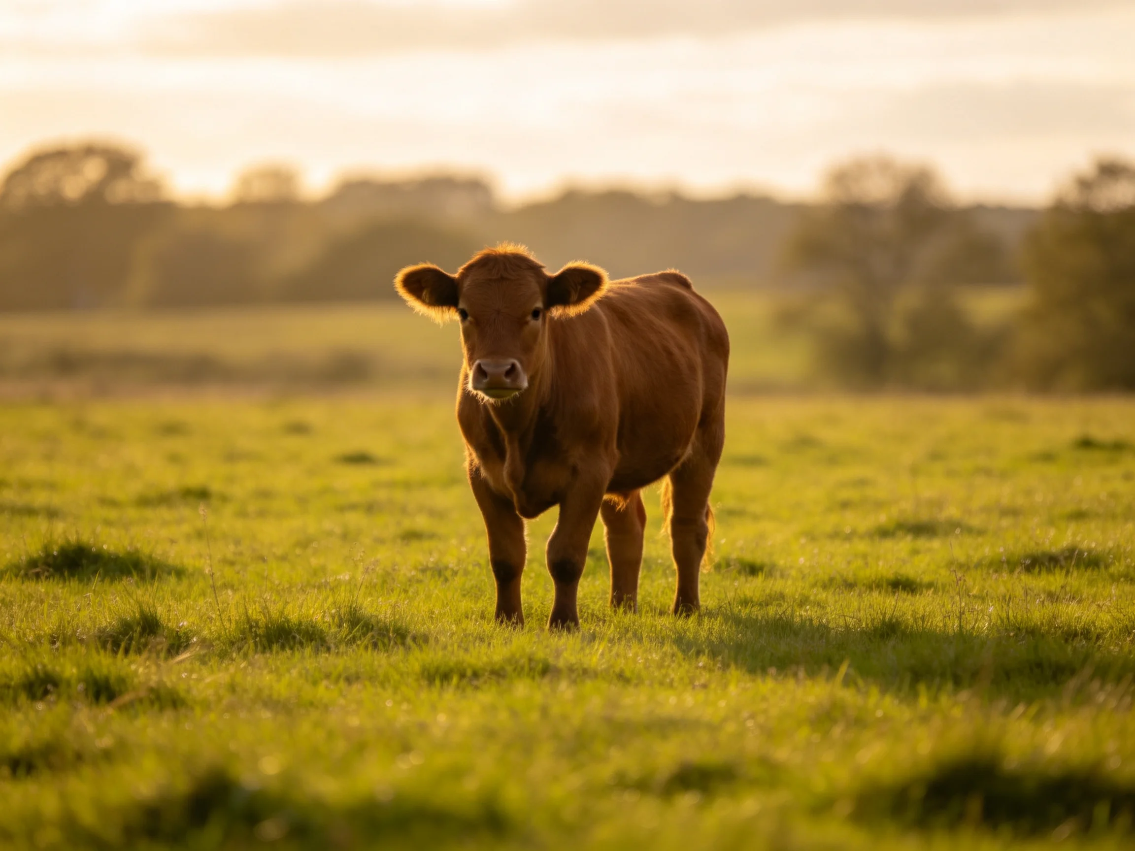 A brown cow stands in a sunlit green meadow.
