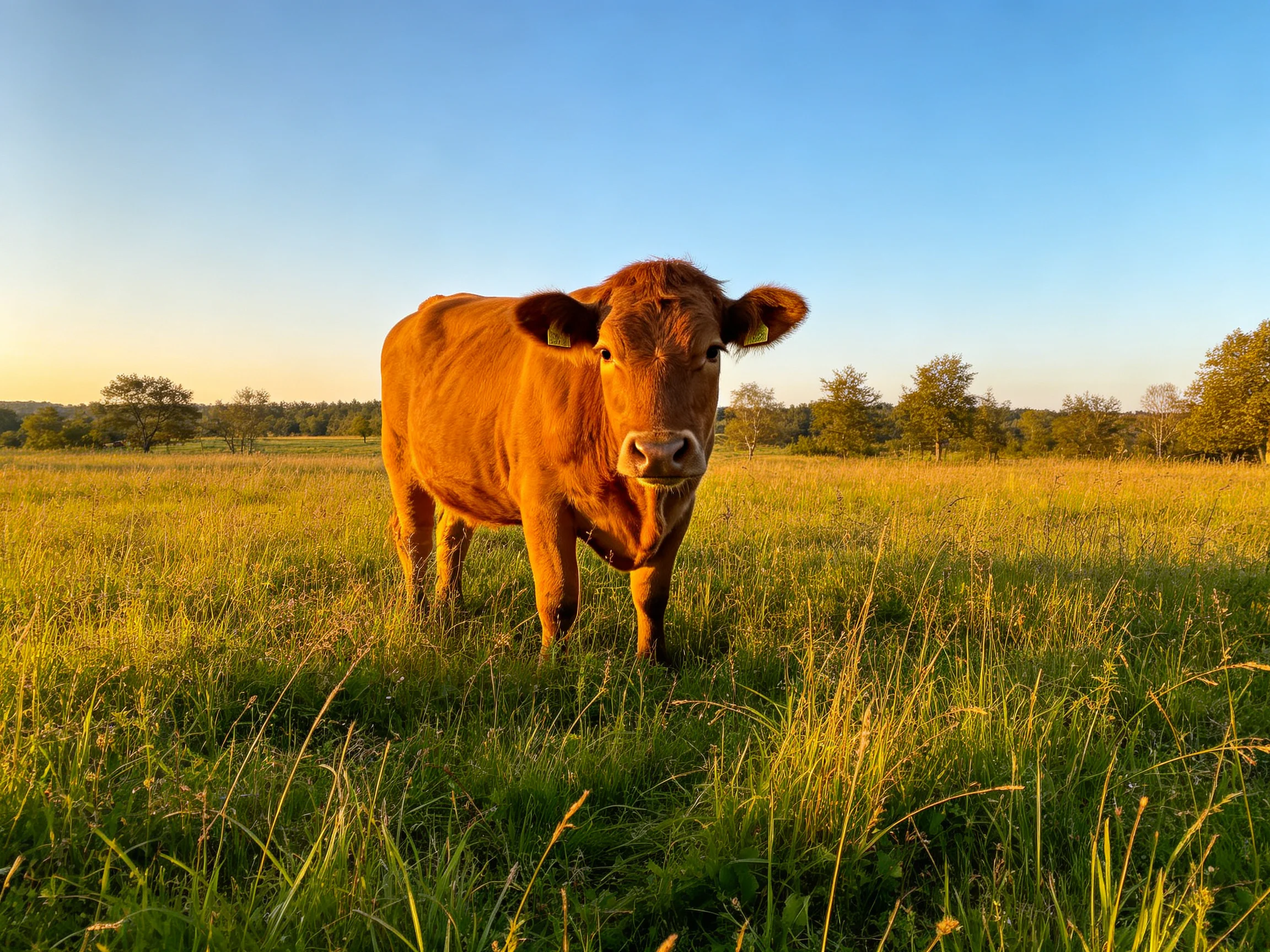 A brown cow stands alone in a sunlit green pasture with trees in the distance.