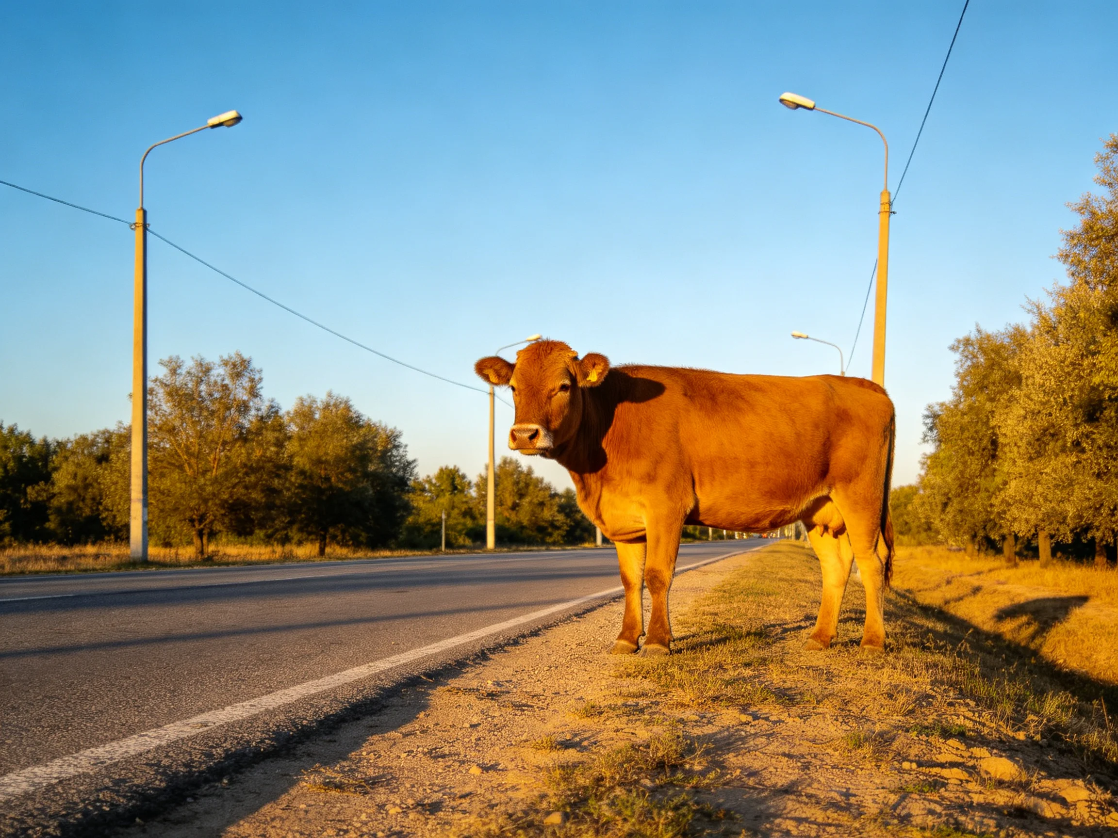 A single brown cow stands by a paved road near streetlights