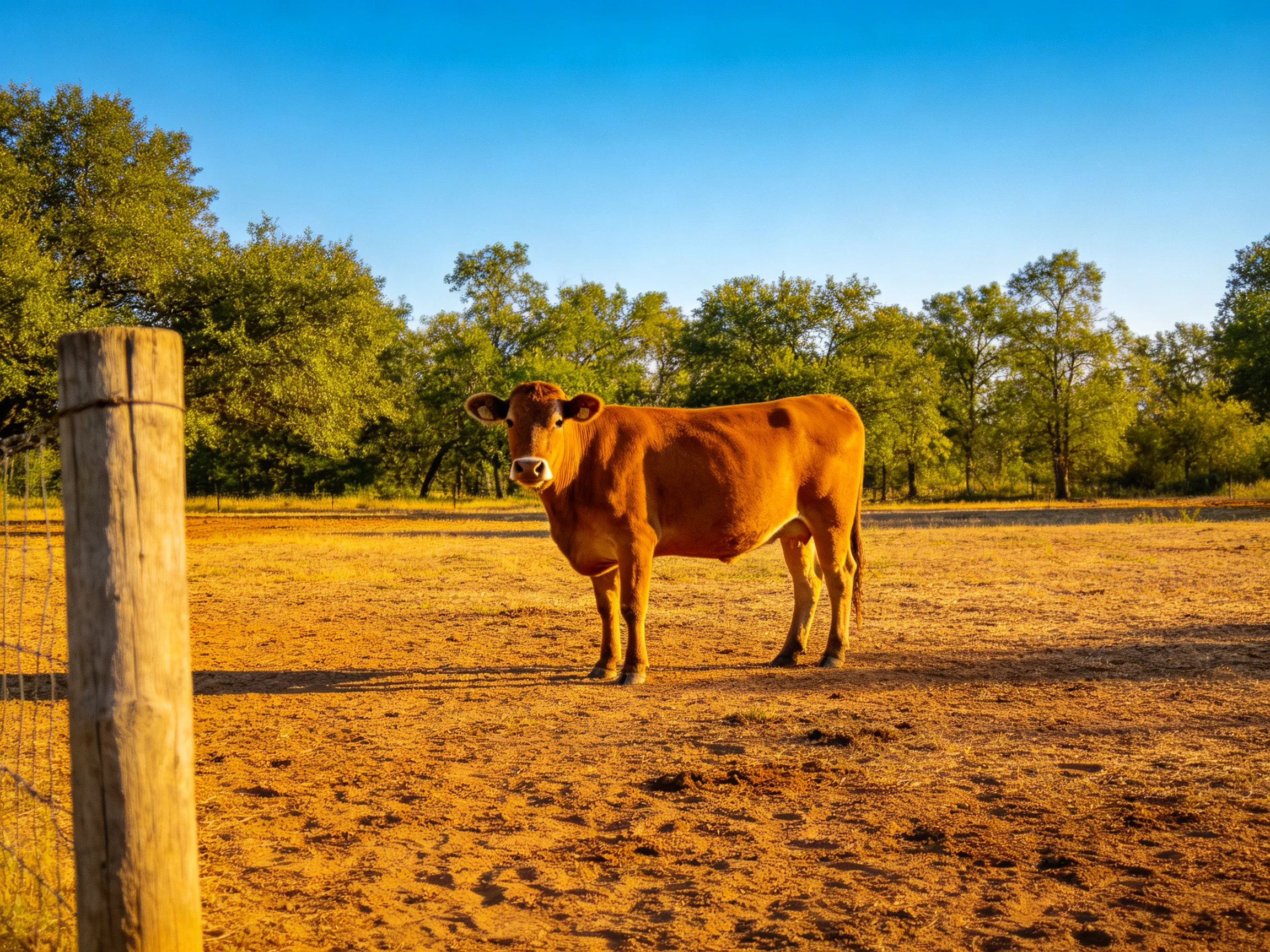 A single brown cow stands in a golden field near green trees