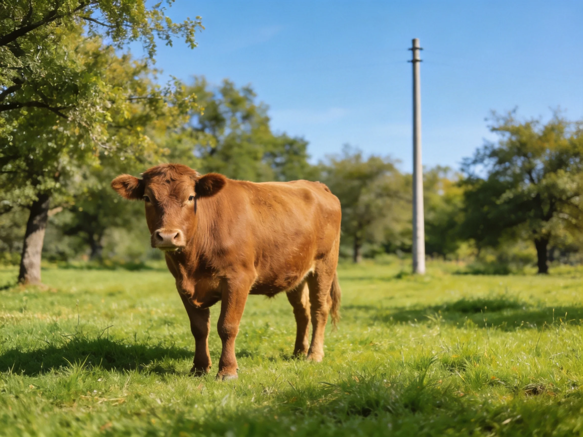 A single brown cow stands in a lush green pasture near trees