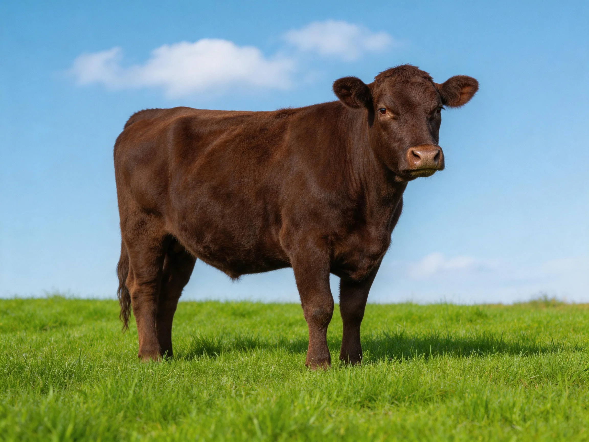 A single brown cow stands in a lush green pasture under a clear blue sky