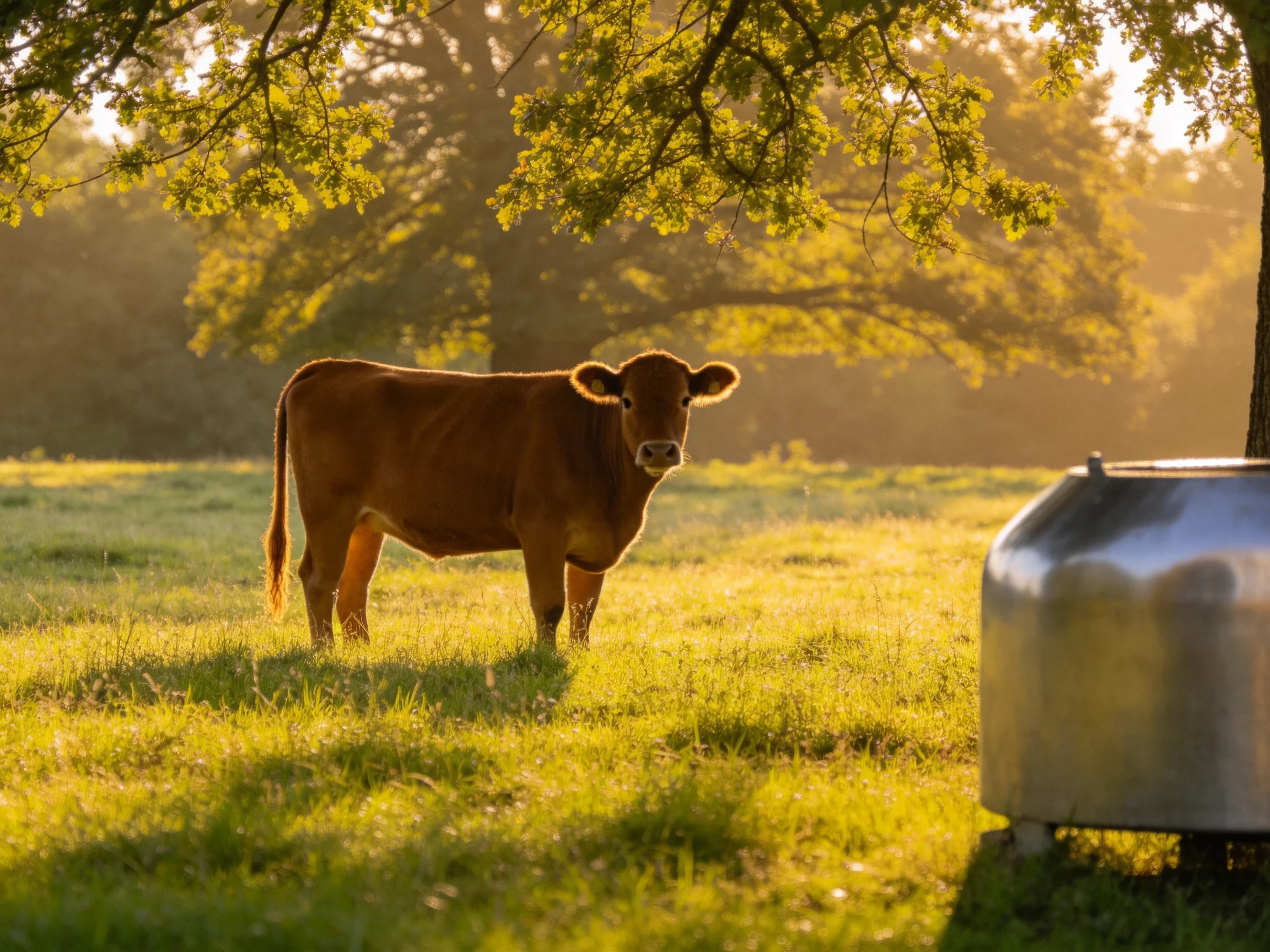 A brown cow stands in a sunlit green pasture near a large tree.