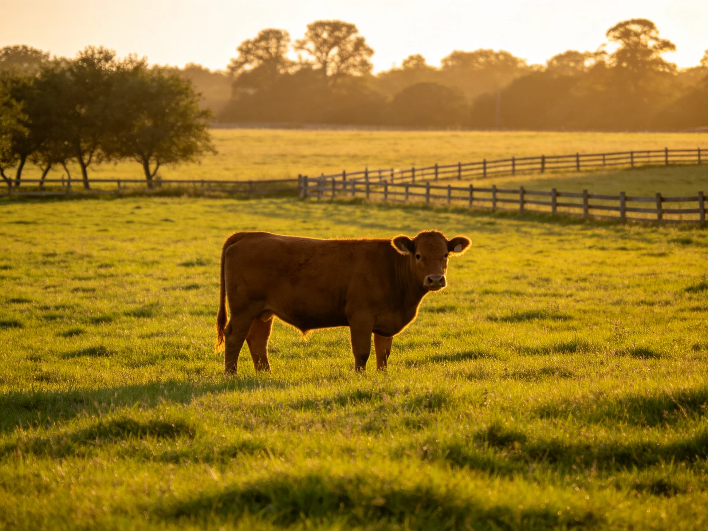 A brown cow stands alone in a sunlit pasture with wooden fences.