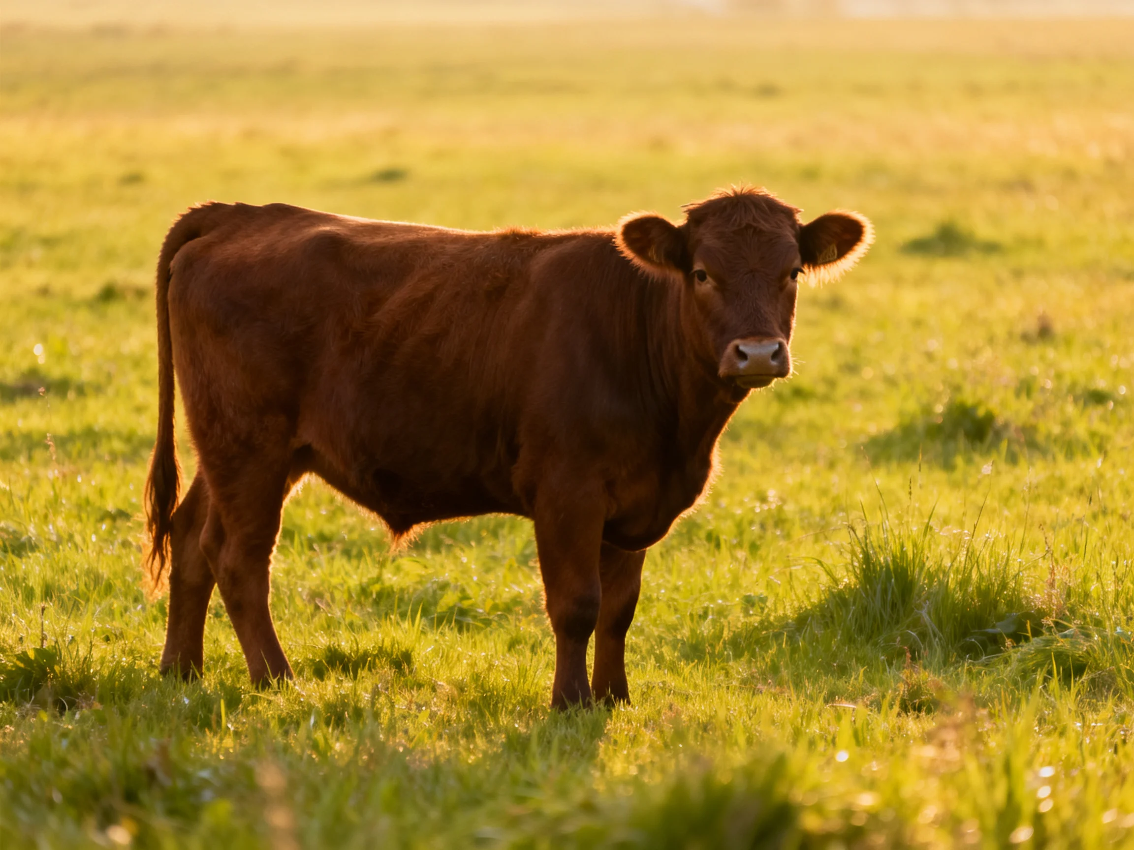 A brown cow stands alone in a sunlit green pasture.